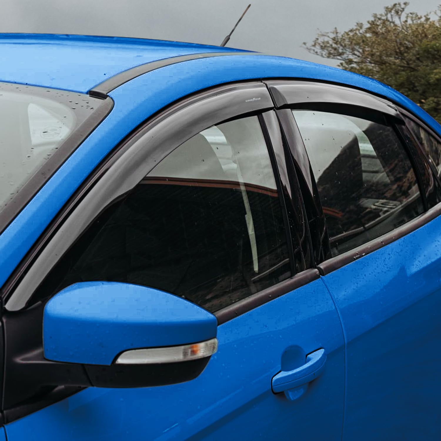 Goodyear Shatterproof Side Window Deflectors for Ford Focus 2012-2018 - 4pc Tape-on Rain Guards & Vent Visors - Car Window Deflectors for Weather Protection & Fresh Air - Perfect for Rainy Days & Highway Driving