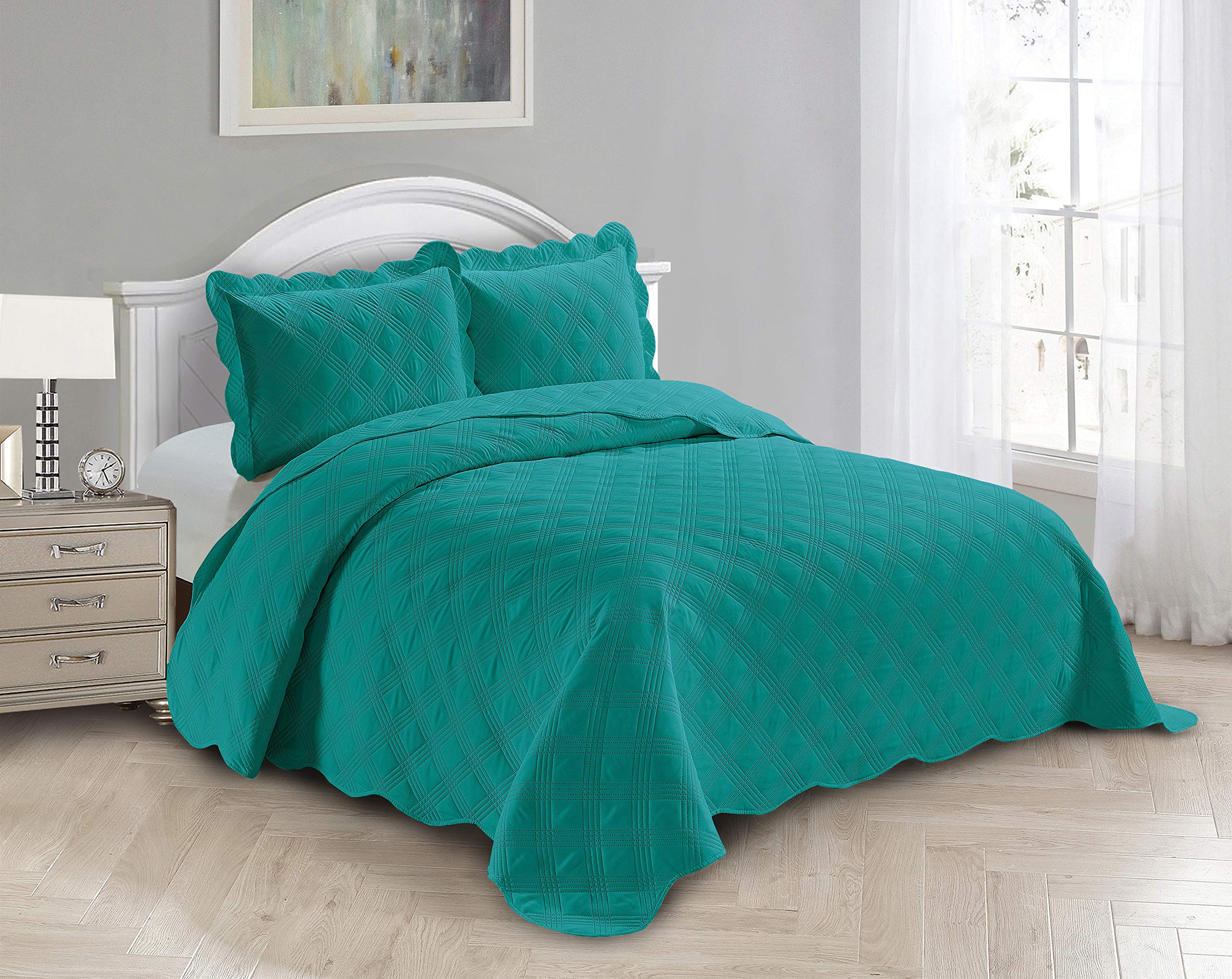 Luxury 3-Piece Linen Bedspread Set - King/California King Size Turquoise Embossed Coverlet with Modern Square Pattern | Elegant Bedroom Decor for Master Suite, Guest Room & Hotel Styling