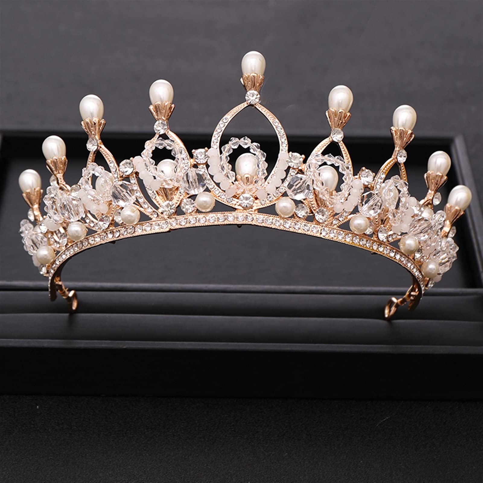 Trendy Rhinestone Crystal Pearl Wedding Crown - Golden Princess Headdress for Brides | Elegant Bridal Hair Accessories for Weddings, Prom & Special Occasions
