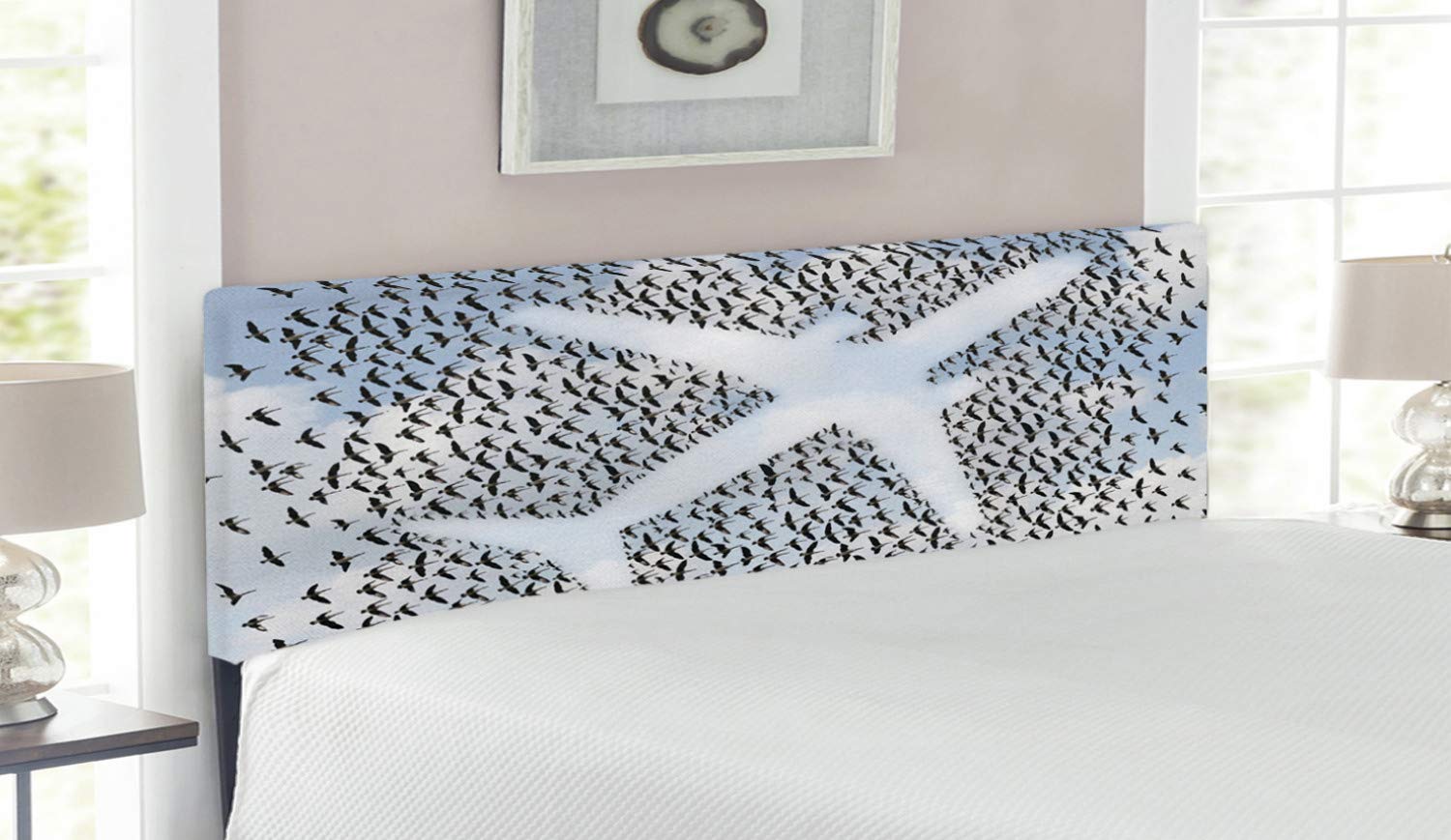 Ambesonne Queen Size Travel Themed Headboard - Airplane & Doves Design with Memory Foam, Upholstered Metal Bed Frame in Pale Blue, Black & White | Perfect for Adventure Lovers' Bedroom Decor & Vacation Home Styling