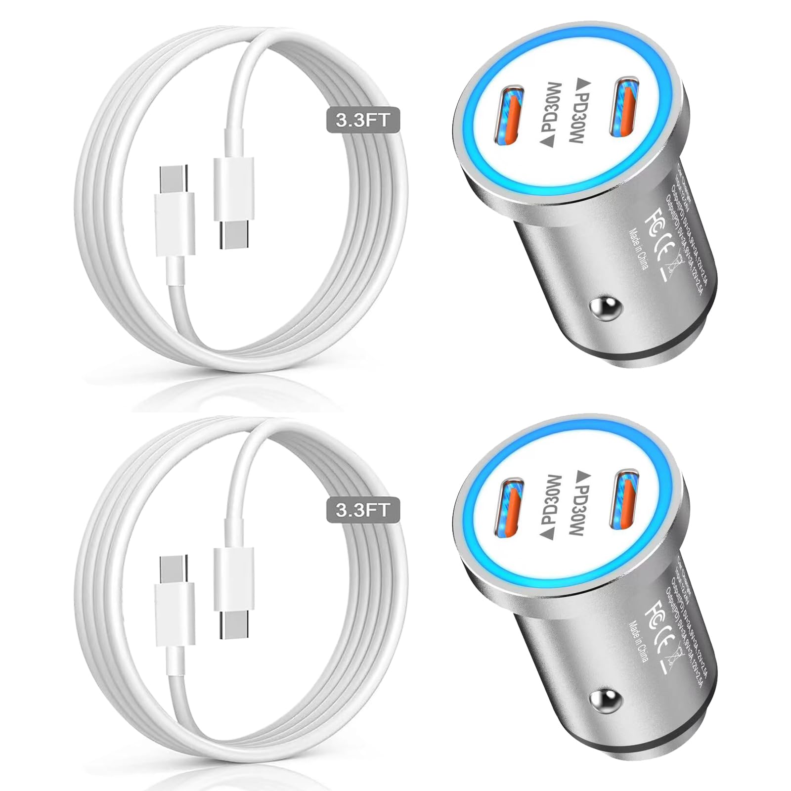 MFi Certified 2-Pack 60W Dual USB C Car Charger Fast Charging Adapter with 3.3FT USB C to C Cable for iPhone 15 Series & iPad Pro/Air - Perfect for Road Trips & Daily Commutes