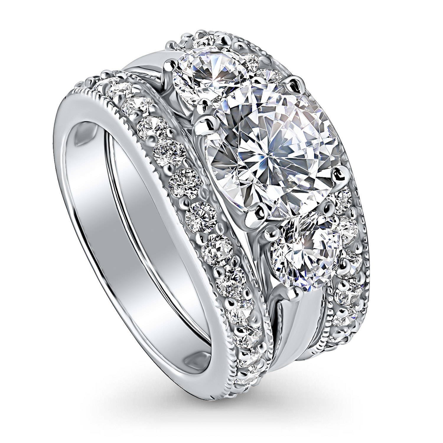 BERRICLE Sterling Silver 3-Stone Wedding & Engagement Ring Set - 2.4 Carat Round Cut Cubic Zirconia CZ for Women, Rhodium Plated Size 4-10 - Perfect for Proposals, Anniversaries & Special Occasions