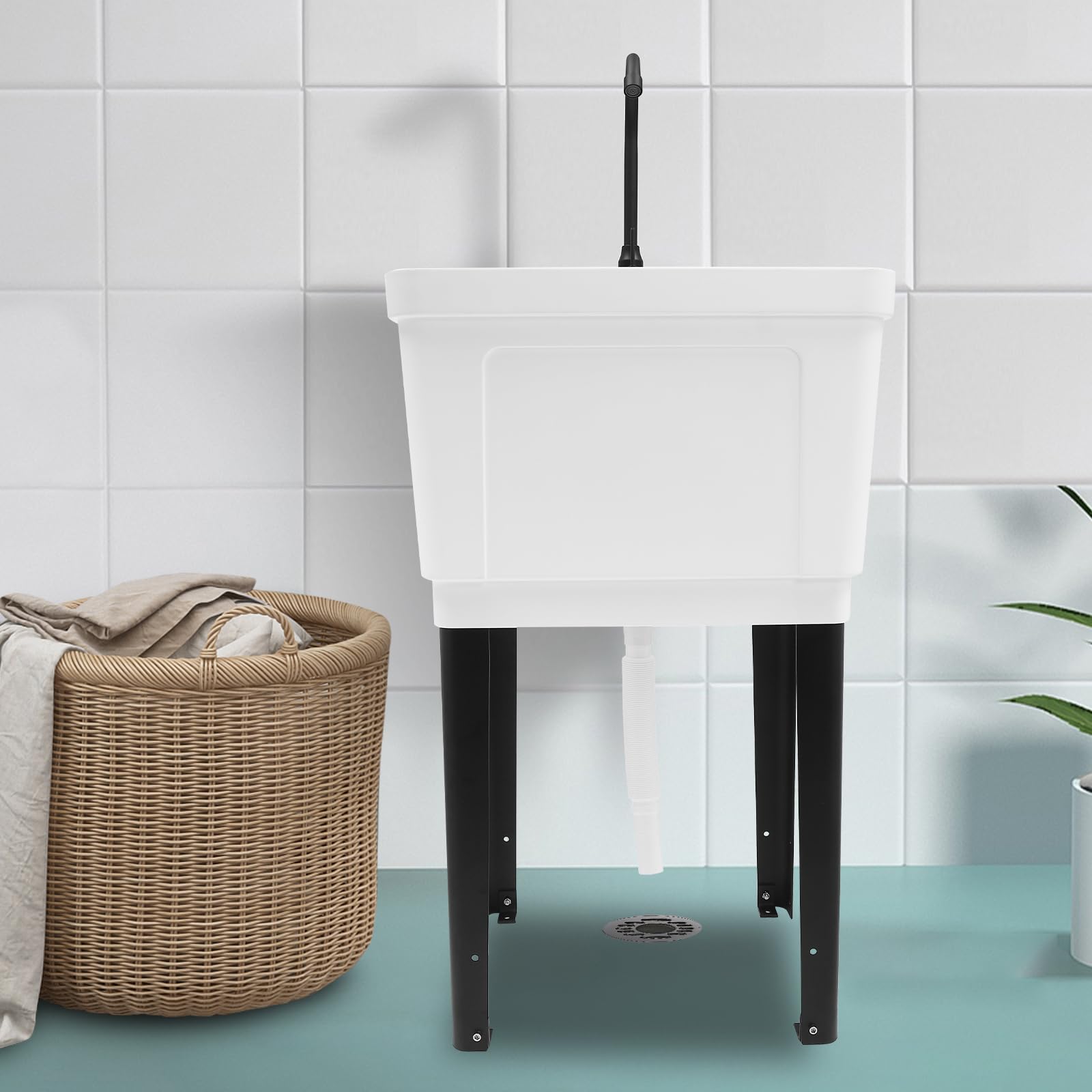 Modern Freestanding Utility Sink with Rotatable Faucet & Soap Dispenser - Space Saving Laundry Room, Basement or Garage Sink (White) | US Stock | Perfect for Hand Washing, Pet Bathing & Cleaning Supplies