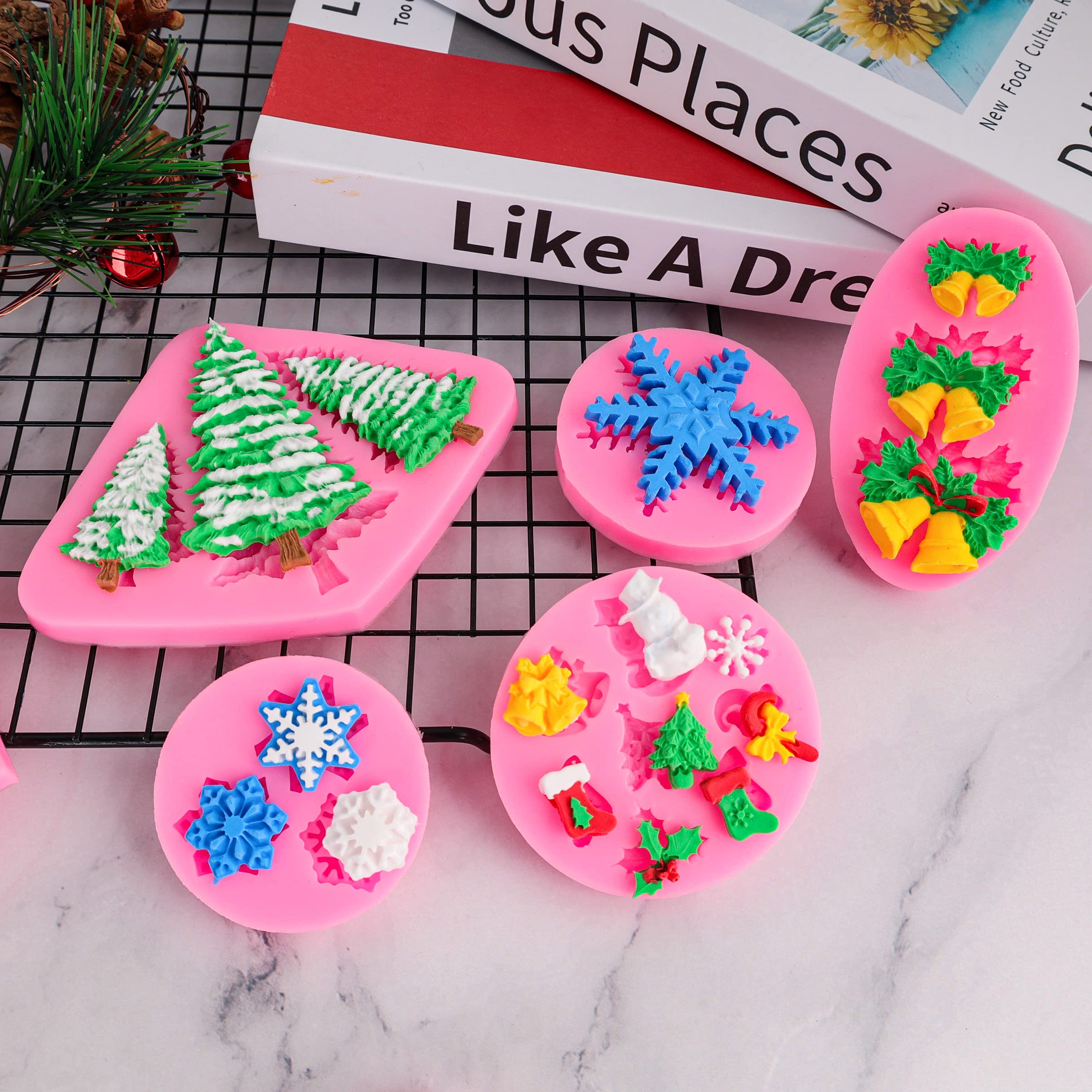 Christmas Silicone Baking Molds Set - Snowflake, Snowman, Tree, Holly Leaves & Santa Claus Designs for Fondant, Chocolate, Candy & Cake Decorating | Perfect for Xmas, New Year Party & Holiday Dessert Making