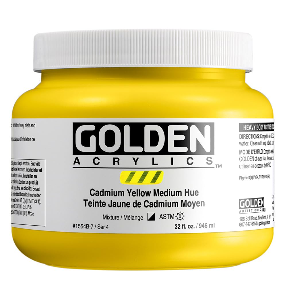 GOLDEN Heavy Body Acrylic Paint - Cadmium Yellow Medium Hue (32 fl oz) | Professional Semi-Opaque Artist Paint for Canvas, Murals & Fine Art Painting