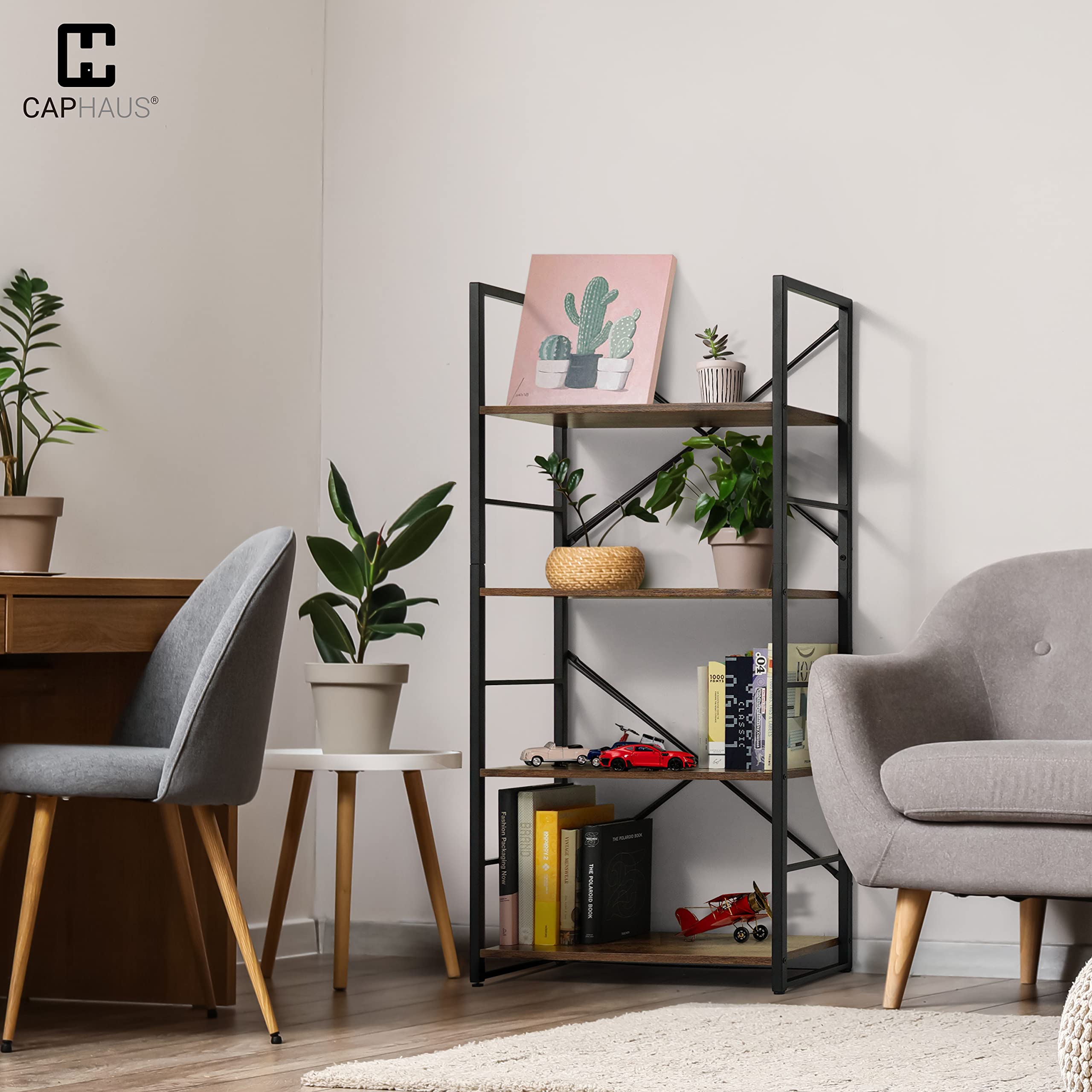 CAPHAUS 4 Tier Bookshelf - 24 Inch Wide Free Standing Bookcase with Metal Frame & Rustic Oak Finish | Home Office, Living Room, Kitchen Storage Organizer | Perfect for Storing Books, Decor & Essentials in Modern Farmhouse Style