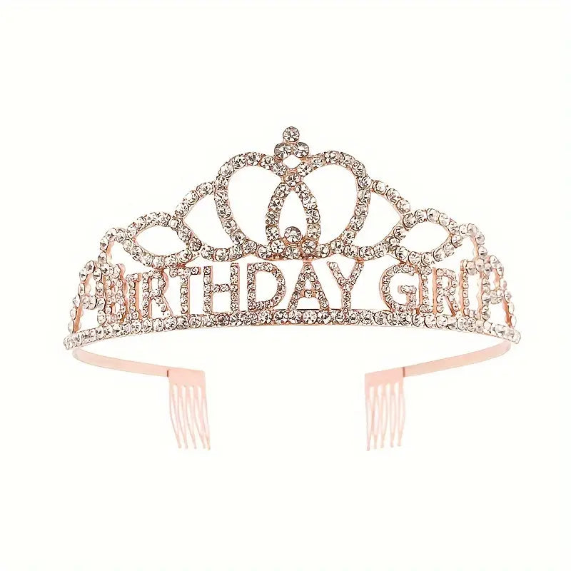 Sparkling Rose Gold Rhinestone Birthday Tiara for Girls - Elegant Clear Crystal Stones Headband for Birthday Parties, Pageants & Special Occasions