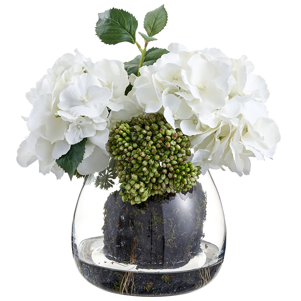 14-Piece Hydrangea, Sedum & Angelica Artificial Silk Flower Arrangement with Glass Vase - White & Green Home Decor for Living Room, Wedding Centerpiece, Office Desk Decor