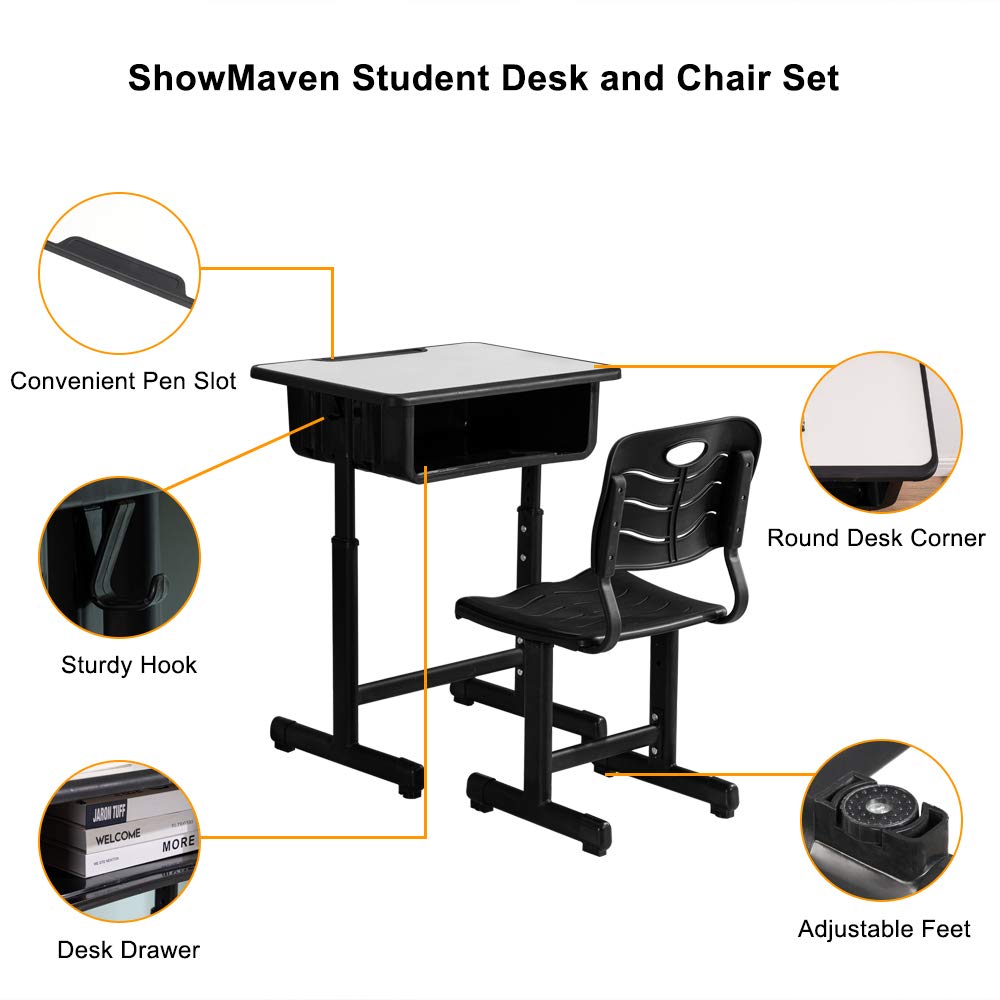 Adjustable Height Student Desk and Chair Set with Drawer, Pencil Grooves & Hooks - Ergonomic Study Workstation for Kids, Teens - Perfect for Home, School & Online Learning (Black & White)