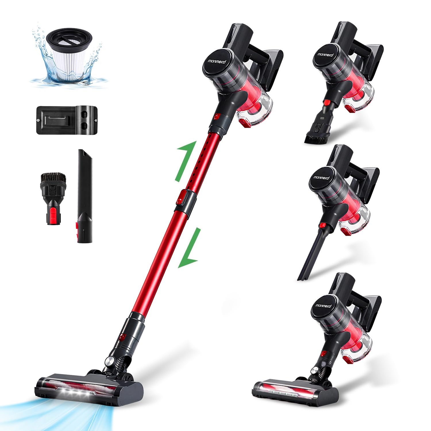 Powerful Cordless Vacuum Cleaner - 16Kpa Suction, 1L Dustbin, 49Min Runtime, 4-in-1 Lightweight Stick Vacuum with LED Display - Ideal for Hardwood Floors, Carpets, Pet Hair Cleaning - Perfect for Home, Office & Car Use (Black/Red)