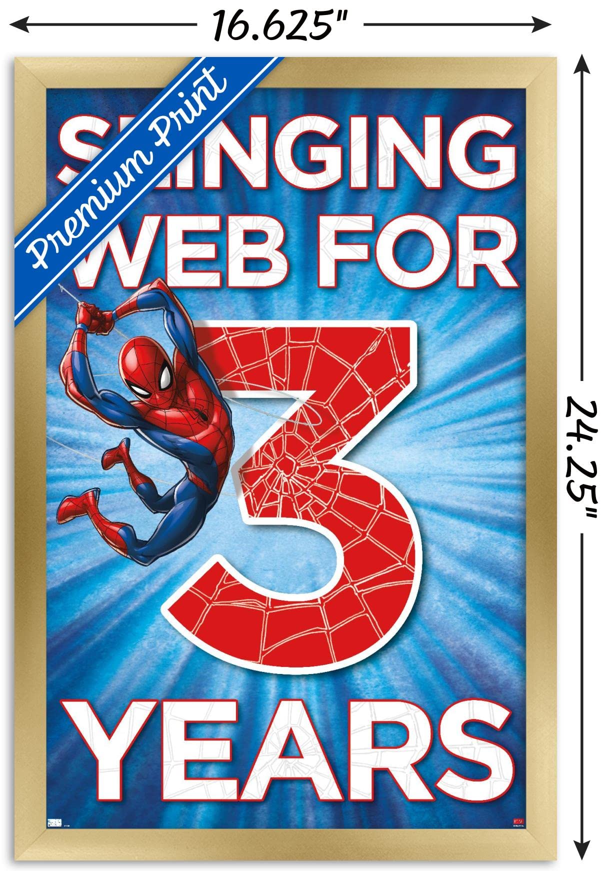 Marvel Spider-Man Happy 3rd Birthday Gold Framed Wall Poster 22.4x14.7 Inches - Perfect for Kids Room Decor & Birthday Party Decorations