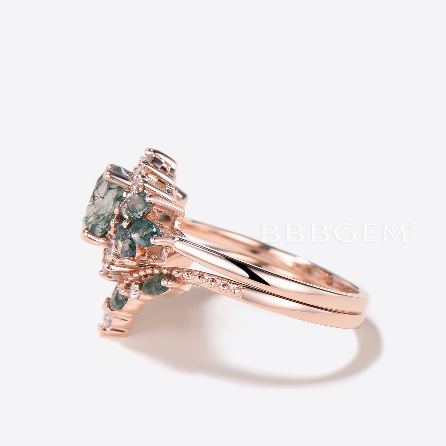 Natural Moss Agate Cluster Diamond Halo Ring - Round Cut Green Agate Bridal Set for Engagement, Wedding & Anniversary Jewelry Gift