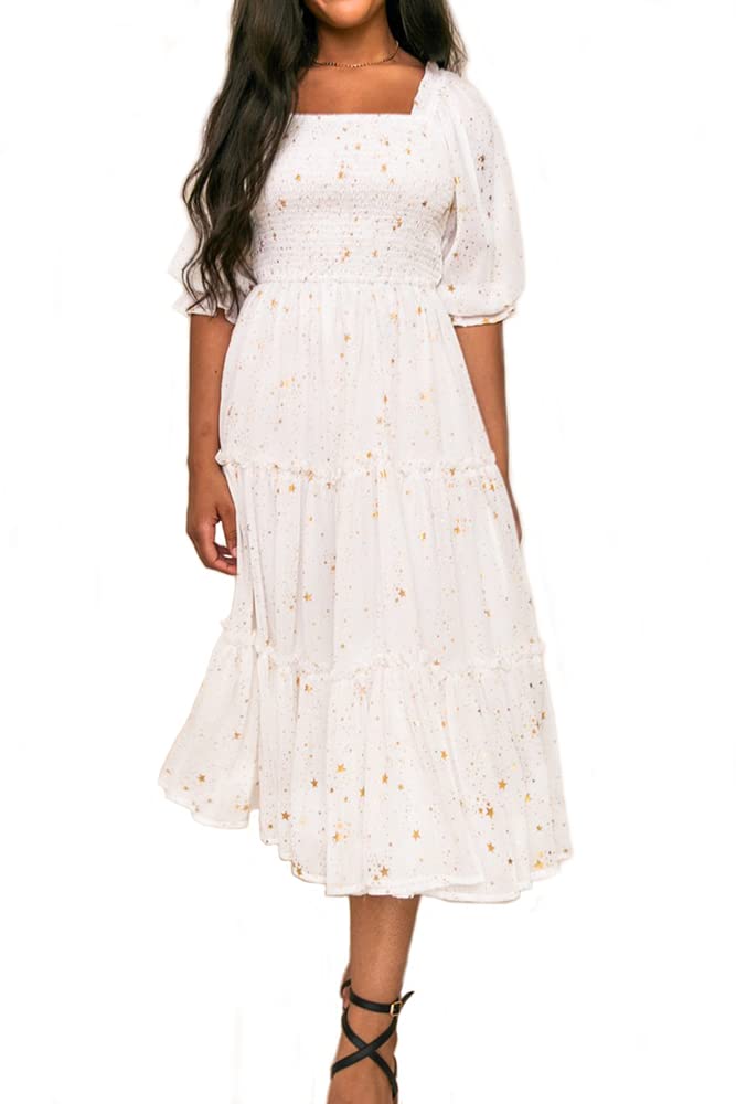 Women's Puff Sleeve Smocked Maxi Dress - Casual Square Neck Floral Tiered Flowy Summer Dress for Beach, Vacation & Outdoor Parties