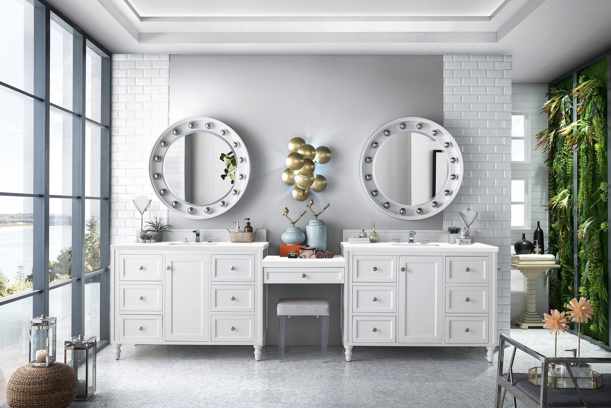 Copper Cove Encore 122 Double Vanity Set with Makeup Table - Bright White Finish & 3CM White Zeus Quartz Countertop | Perfect for Master Bathroom Remodeling & Luxury Home Decor