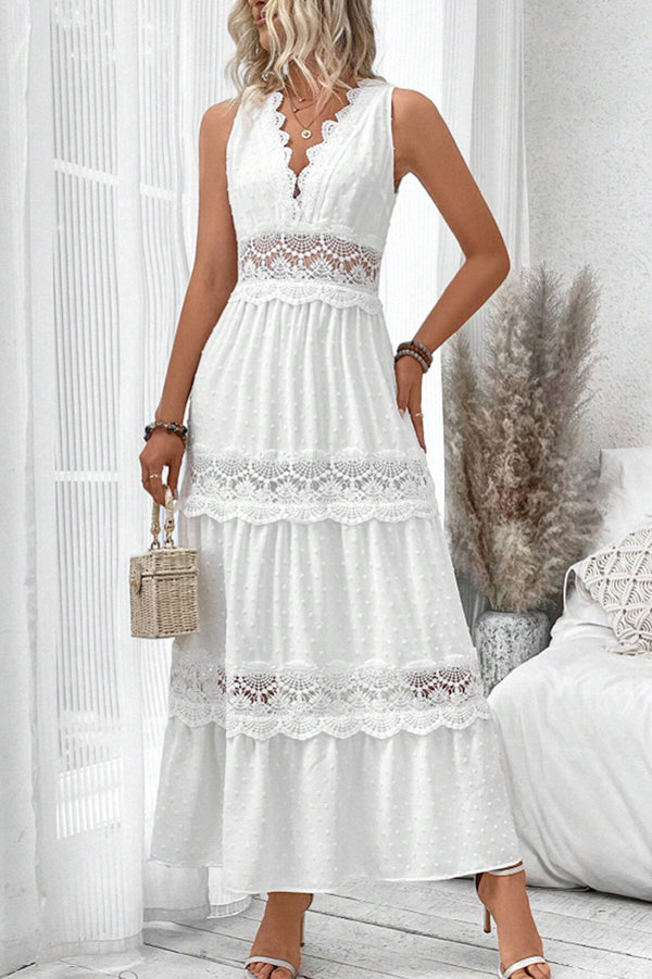 Elegant Solid Color Hollow Lace Splicing V-Neck Sleeveless Maxi Dress for Women - Perfect for Summer Beach, Wedding Guest, and Evening Party Occasions