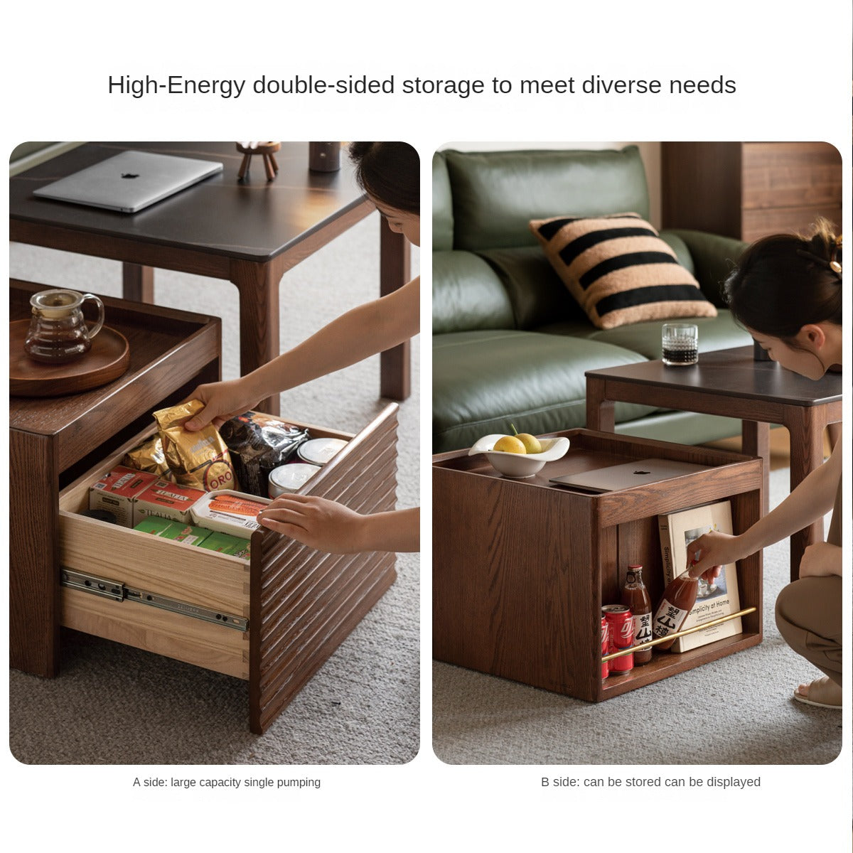 Solid Oak and Black Walnut Wood Rocking Coffee Table - Rustic Movable Side Table for Living Room, Patio, or Outdoor Use
