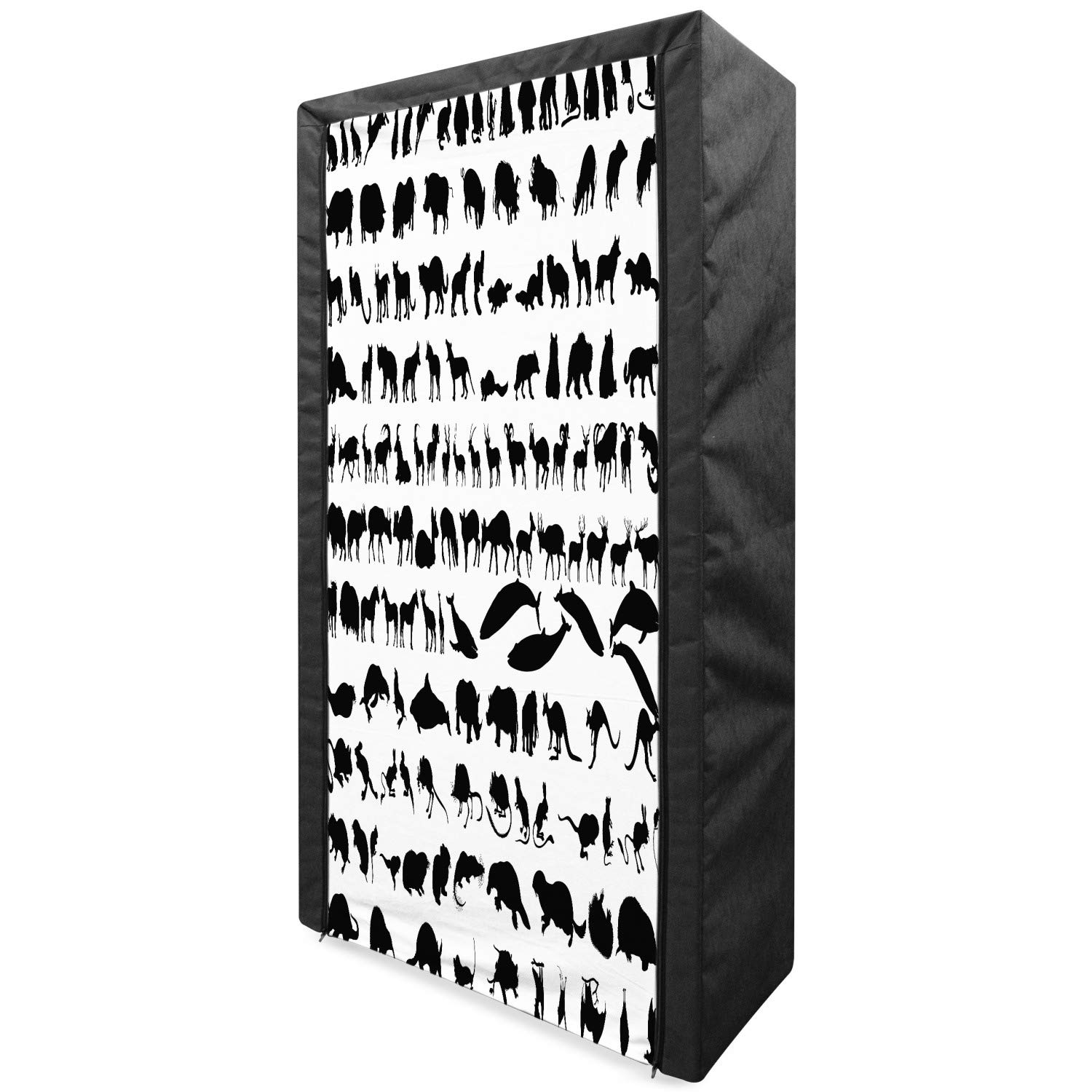 Ambesonne Black White Zoo Portable Fabric Wardrobe with Shelves - Animal Silhouette Wildlife Nature Print Clothing Organizer - 33.5 Inch Monochrome Storage Closet for Bedroom, Dorm, or Travel Use