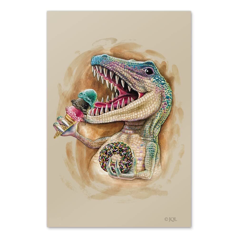 T-Rex Dinosaur Donut Ice Cream Jurassic Junkie Wall Art - Funny Dinosaur Poster for Home Decor, Bedroom & Office - Unique Gift for Dino Lovers