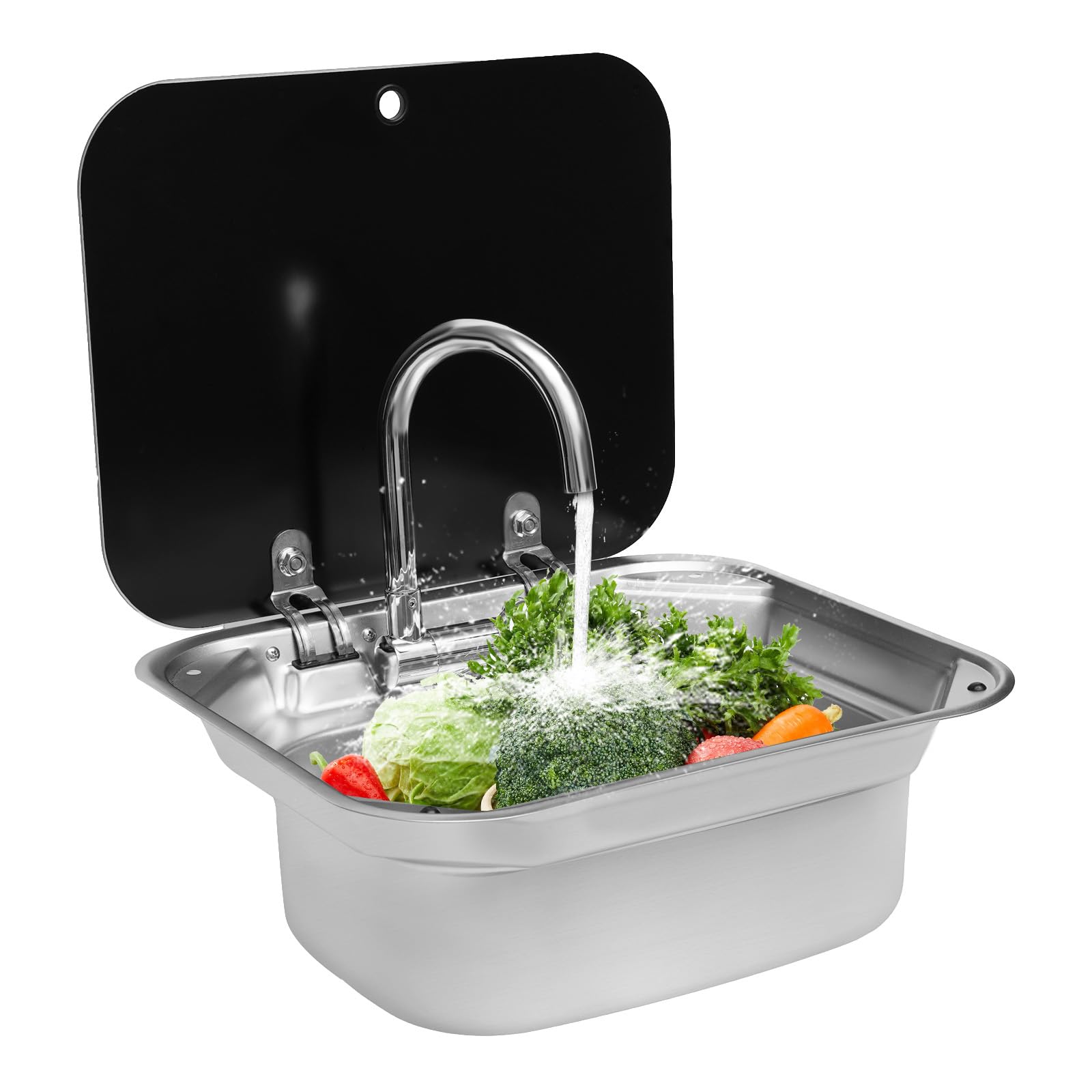 Stainless Steel RV Sink with Rotatable Faucet & Tempered Glass Lid - 5.9