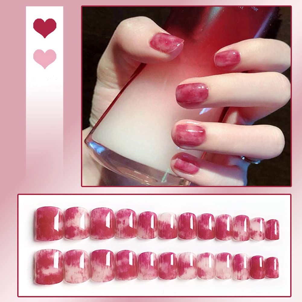 24Pcs Red Short Coffin Press on False Nails with Glue Stickers - Rosy Glossy Acrylic Full Cover Fake Nails for Women & Girls | Easy DIY Manicure, Party, Wedding & Special Occasion Nails