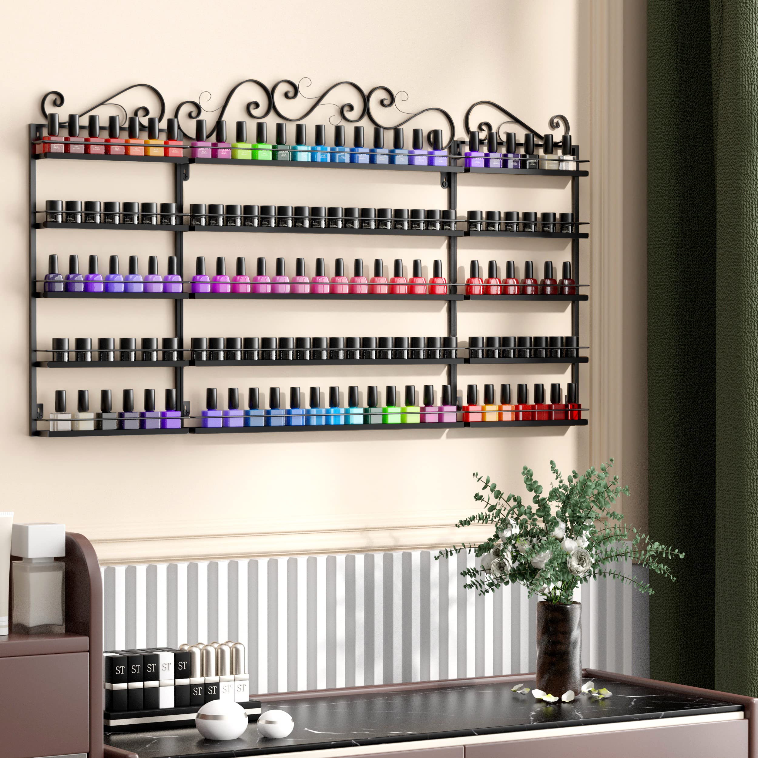 LASIEYO 5-Tier Wall Mount Nail Polish Organizer Rack - Holds 170-200 Bottles (Black) | Essential Oil & Nail Polish Storage Display for Salon, Spa & Home Decor