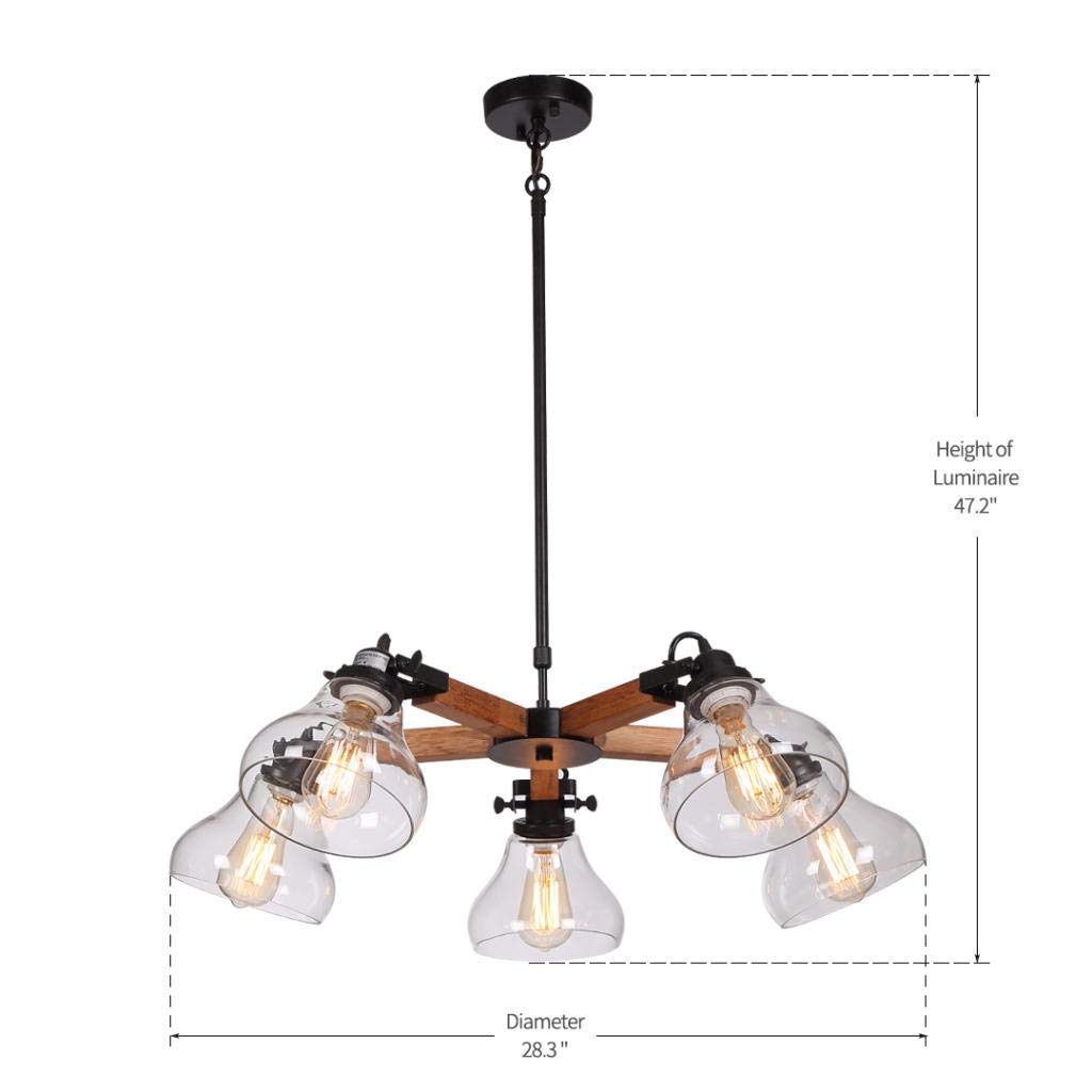 Adjustable Wood Arm with Glass Shade Farmhouse Country Style Chandelier (5 Bulb) - Rustic Ceiling Light Fixture for Dining Room, Kitchen, Bedroom & Living Room Decor