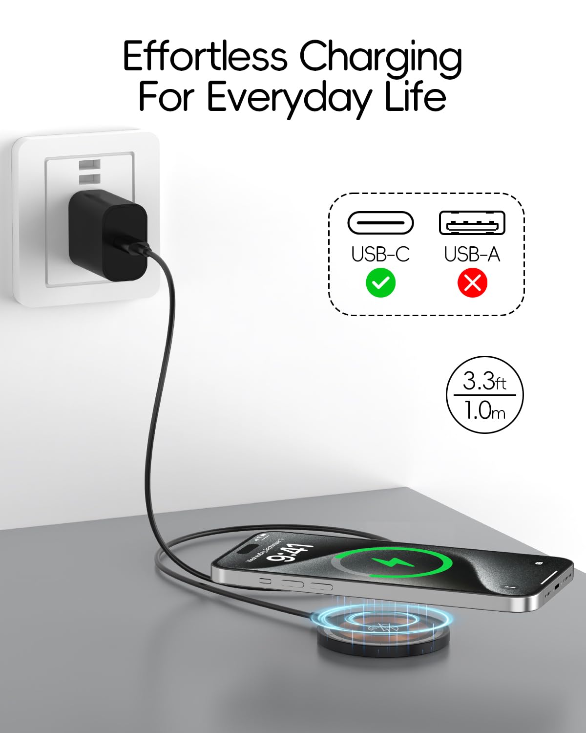 Magnetic Wireless Charger for iPhone 15/14/13/12 Series - Fast Charging Mag-Safe Compatible Charging Pad with Strong Magnet - Perfect for Home, Office, and Travel Use