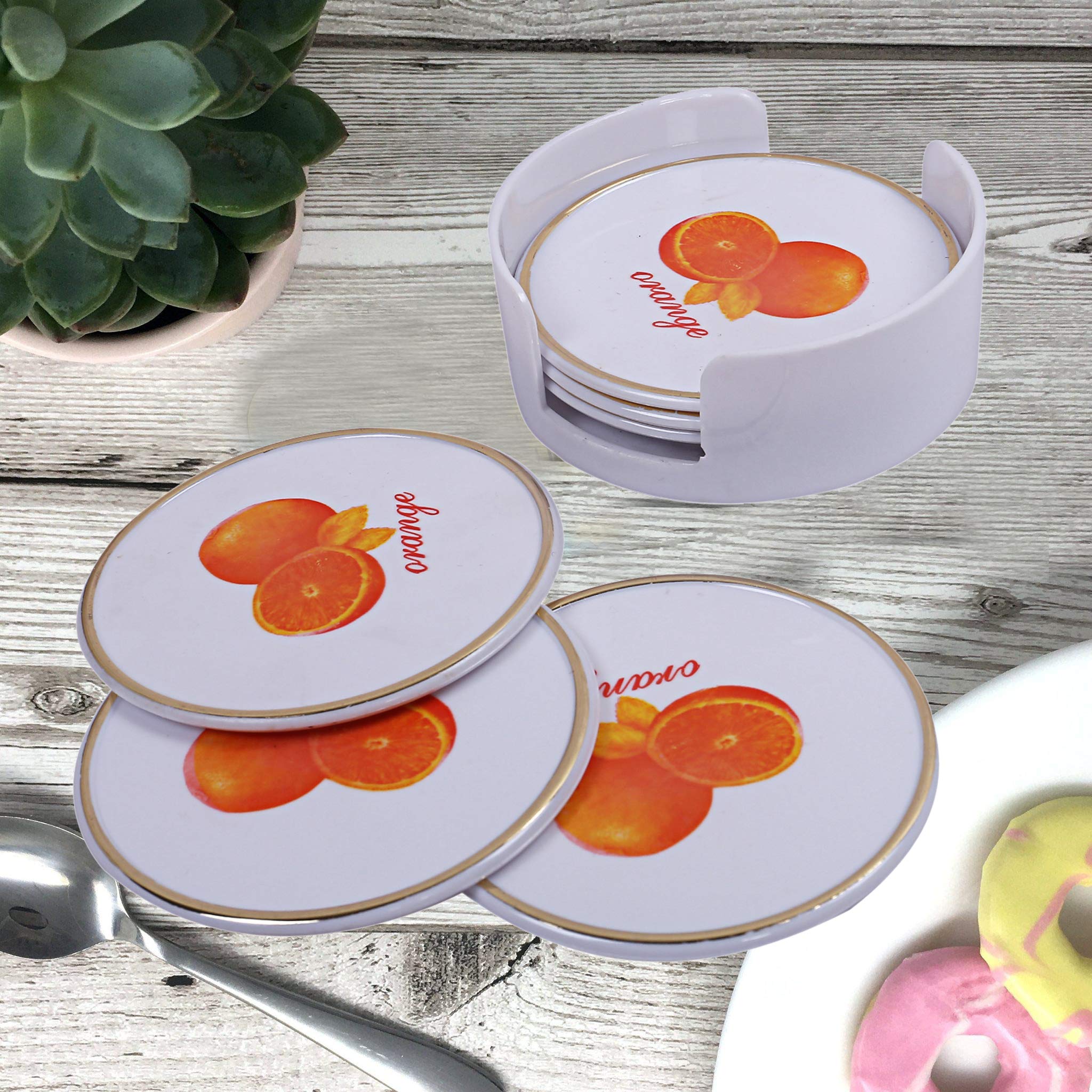 Kuber Industries 6-Piece White Tea Coaster Set with Stand - Elegant Orange Design for Hot & Cold Beverages - Perfect for Kitchen, Dining Table, Office Desk, and Home Decor