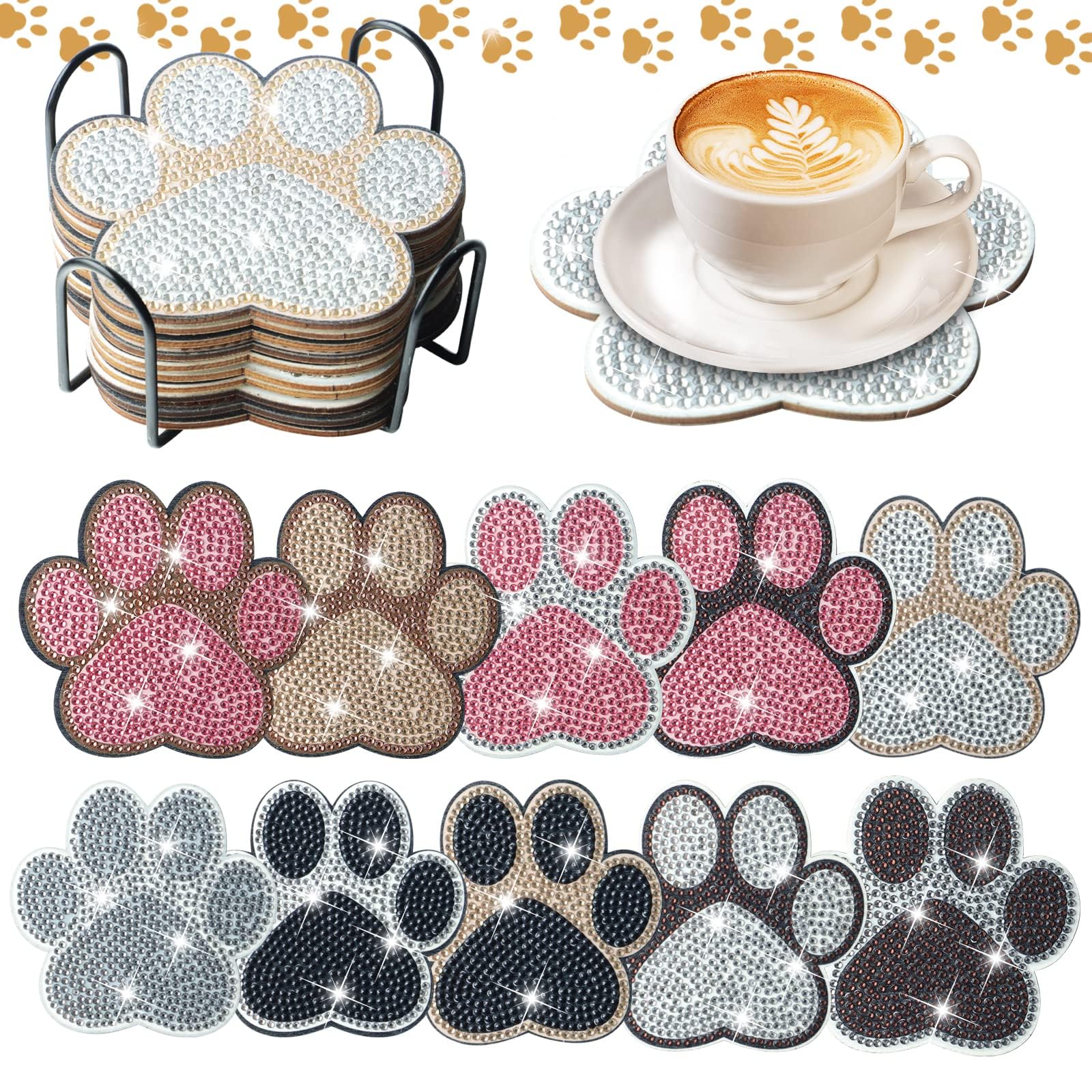 10 Pcs DIY Diamond Painting Coasters Kit - Dog Paw Shaped Resin Coasters with Holder, Fun Arts & Crafts for Beginners, Adults & Kids - Perfect for Home Decor, Pet Lover Gifts & Party Favors