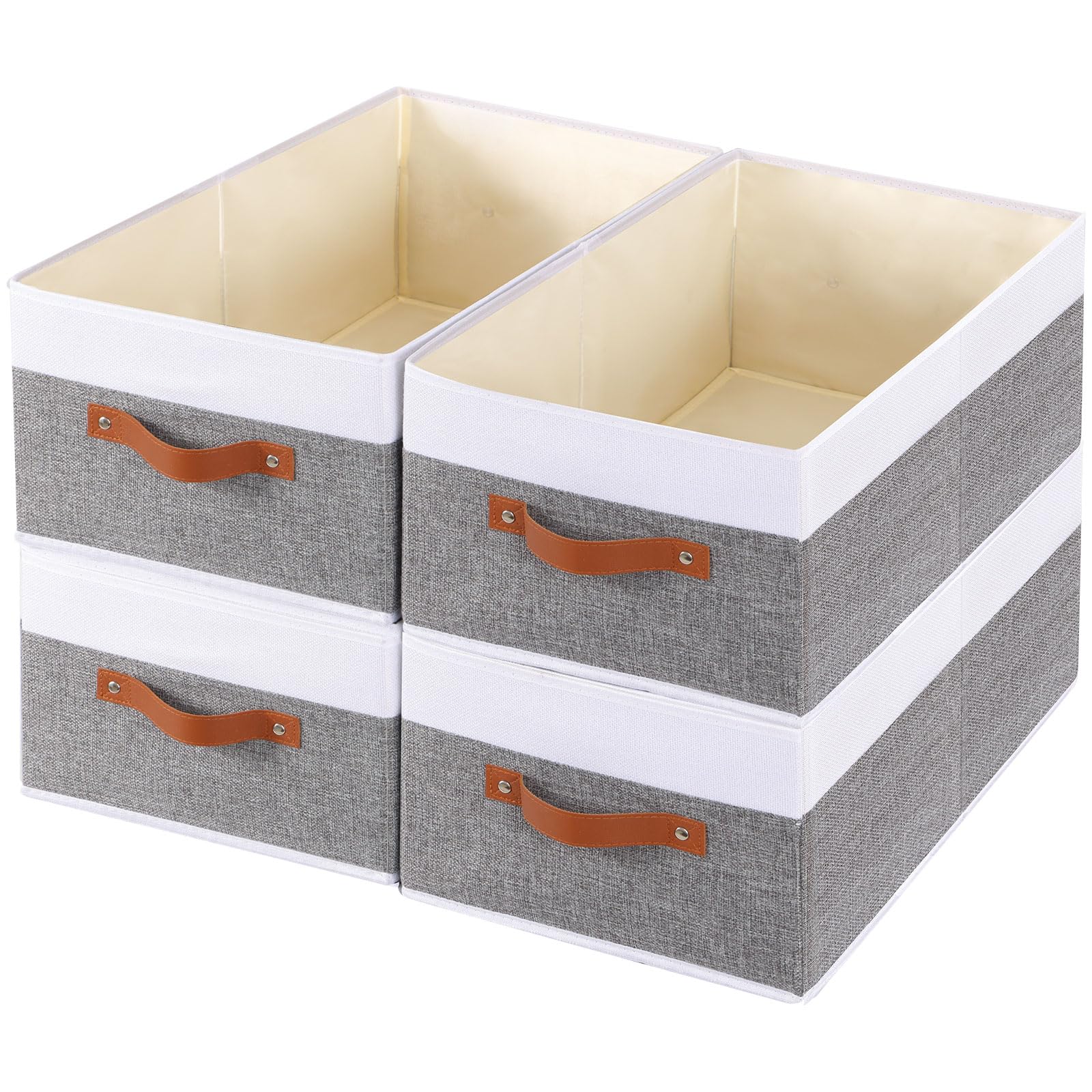 Clothing Storage Bins with Handles - 4 Pack Fabric Organizer Baskets for Shelves (13×9.1×5.5 Inch) - White & Grey - Perfect for Closet, Bedroom & Nursery Organization