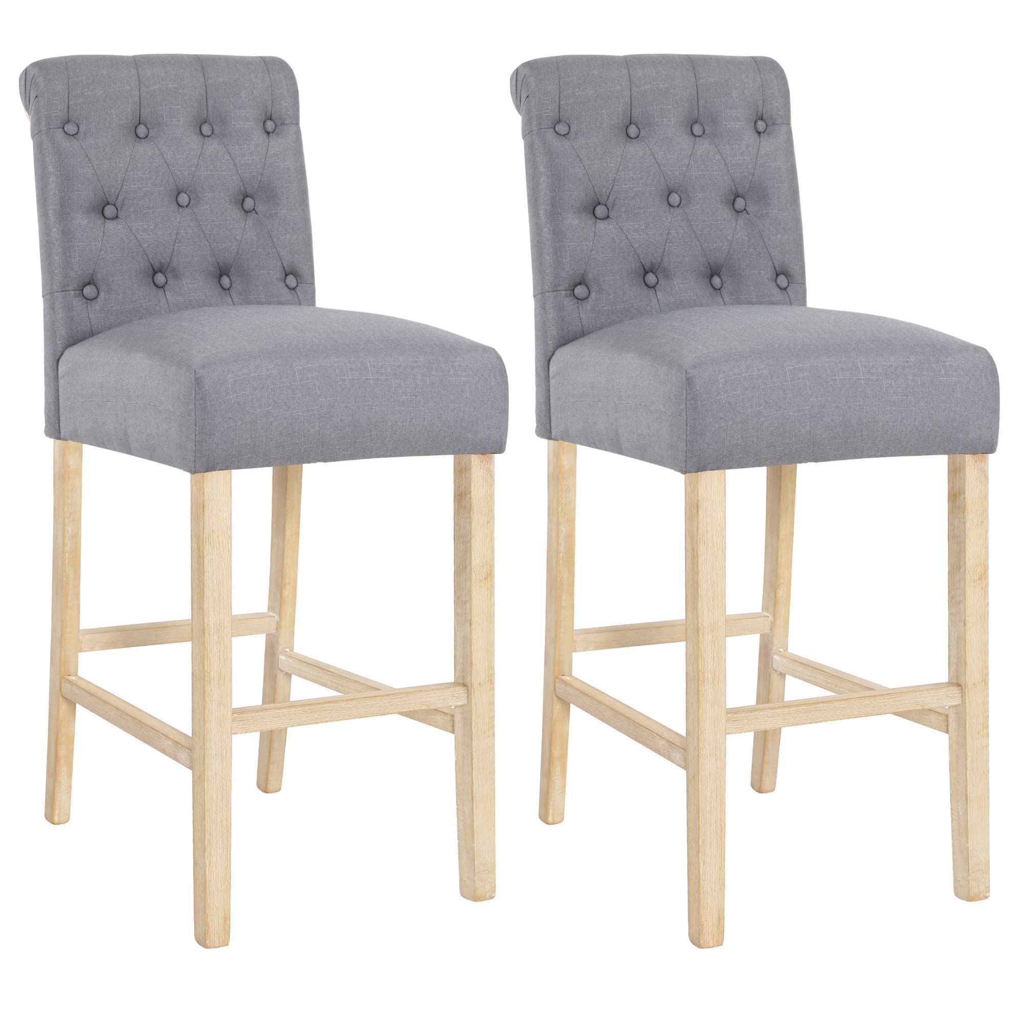 DAGONHIL 30 Inch Bar Stools Set of 2 - Solid Wood Bar Height Stools with Button Tufted Back, Gray - Perfect for Kitchen Island, Breakfast Bar & Home Pub Decor