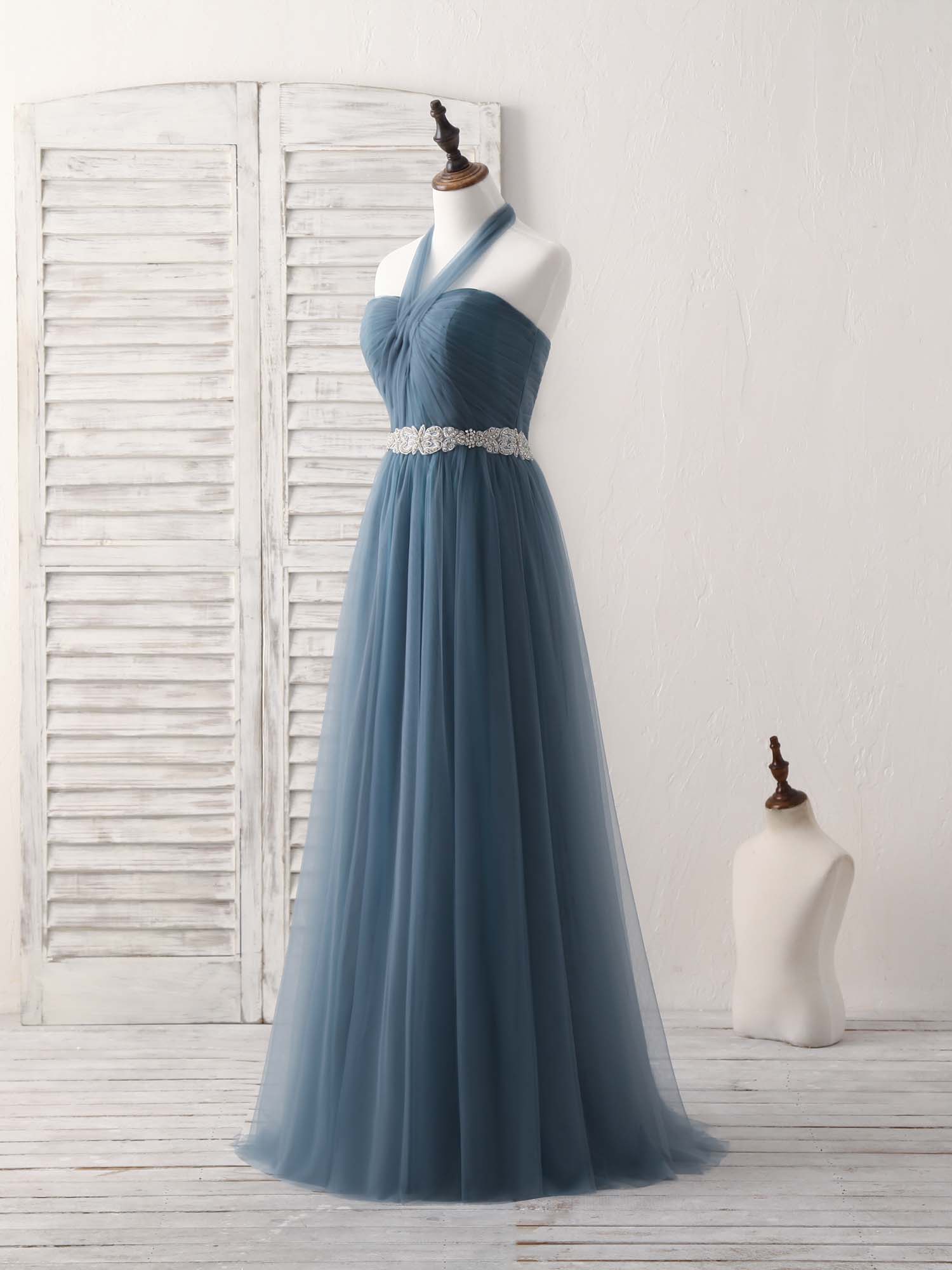 Elegant A-Line Gray Blue Tulle Long Bridesmaid Dress for Weddings & Prom - Perfect for Formal Events, Evening Parties & Special Occasions
