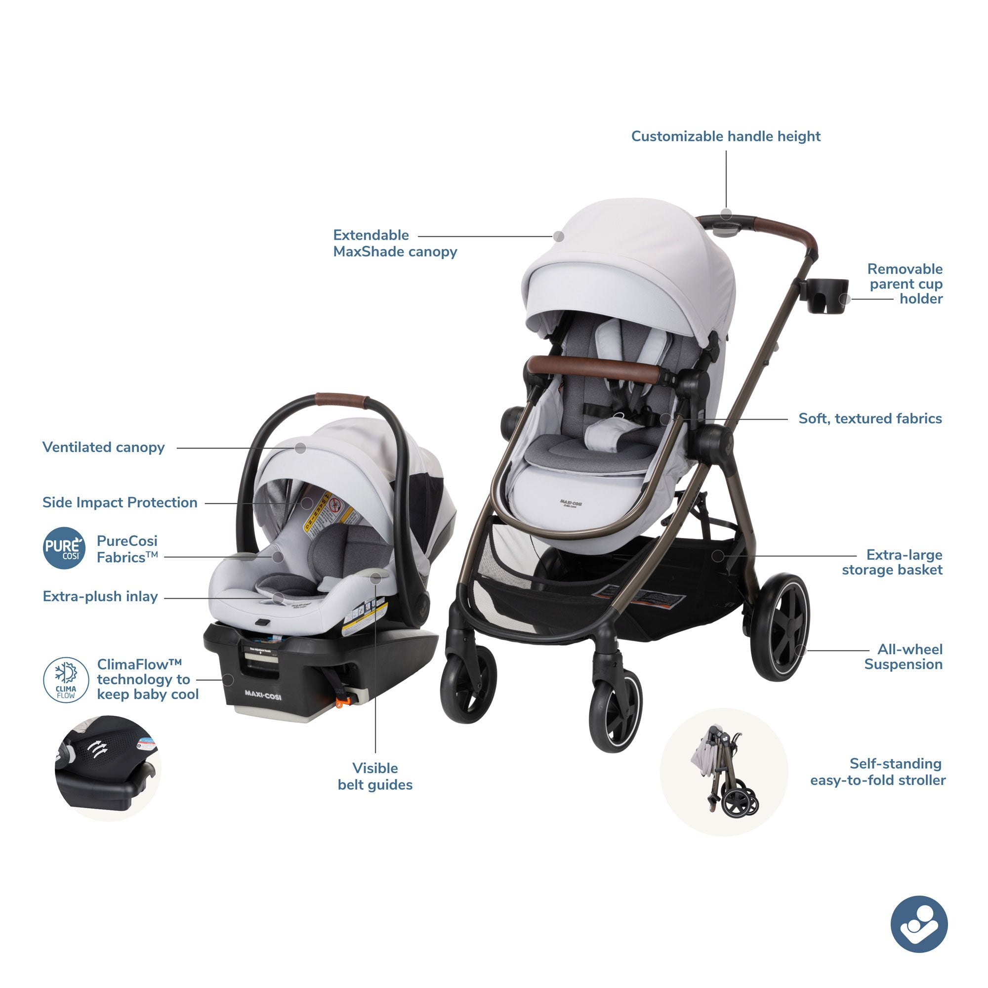 Maxi Cosi Zelia2 Luxe+ 5-in-1 Travel System with Mico Luxe+ Infant Car Seat - Convertible Stroller & Baby Carrier for Newborns to Toddlers - Perfect for Travel, Shopping & Daily Outings