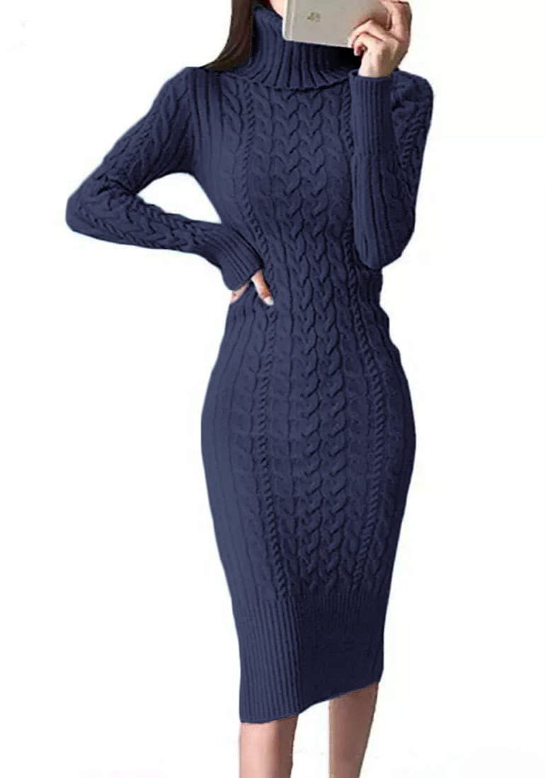 Fangetey Women's Long Sleeve Turtleneck Sweater Dress - Knitted Bodycon Midi Sheath Jumper Dress for Fall Winter Fashion, Office Wear & Casual Outfits
