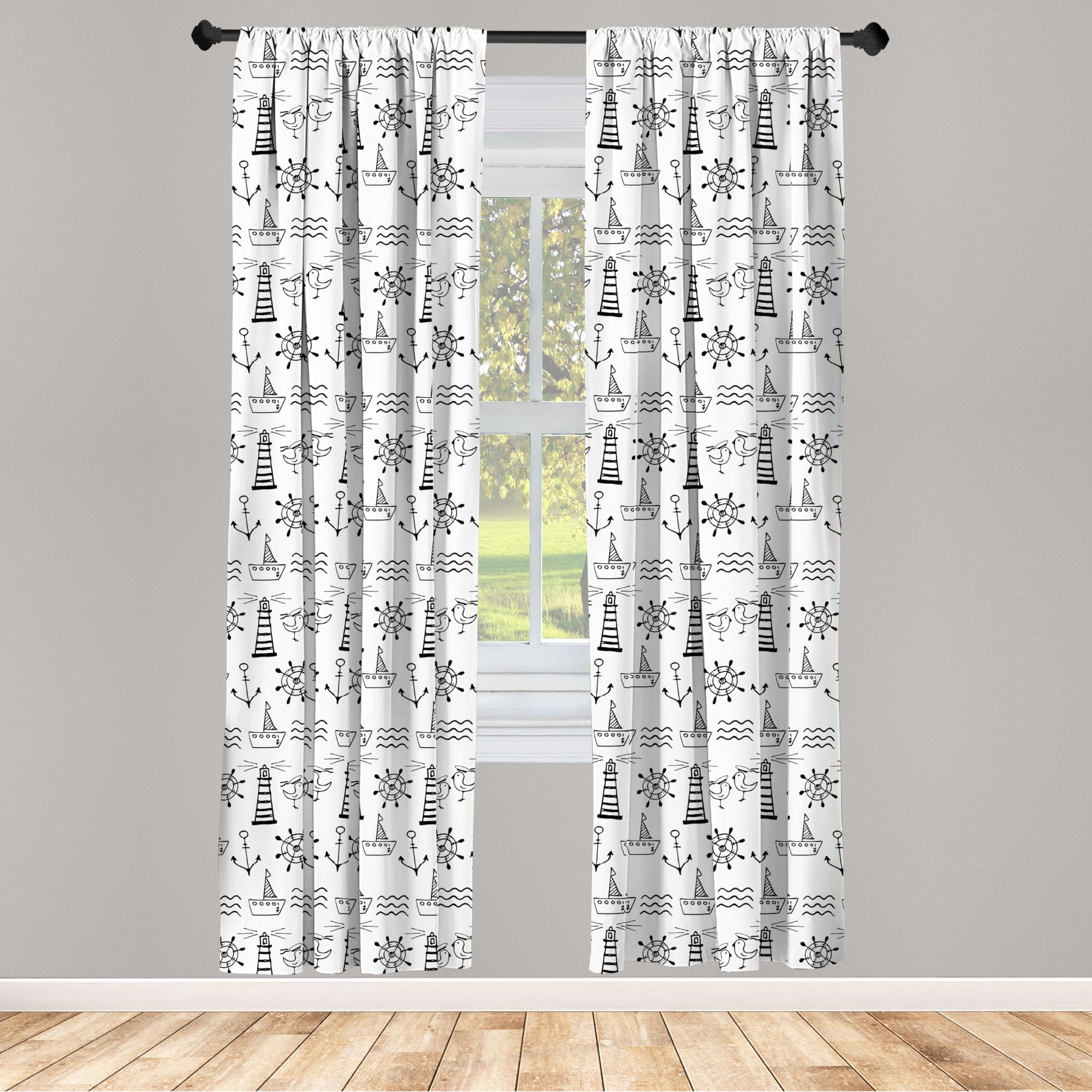 Ambesonne Nautical Window Curtains - Black & White Lighthouse Doodle Design with Marine Elements, Waves, Boats & Birds - Lightweight 2-Panel Set with Rod Pocket (28