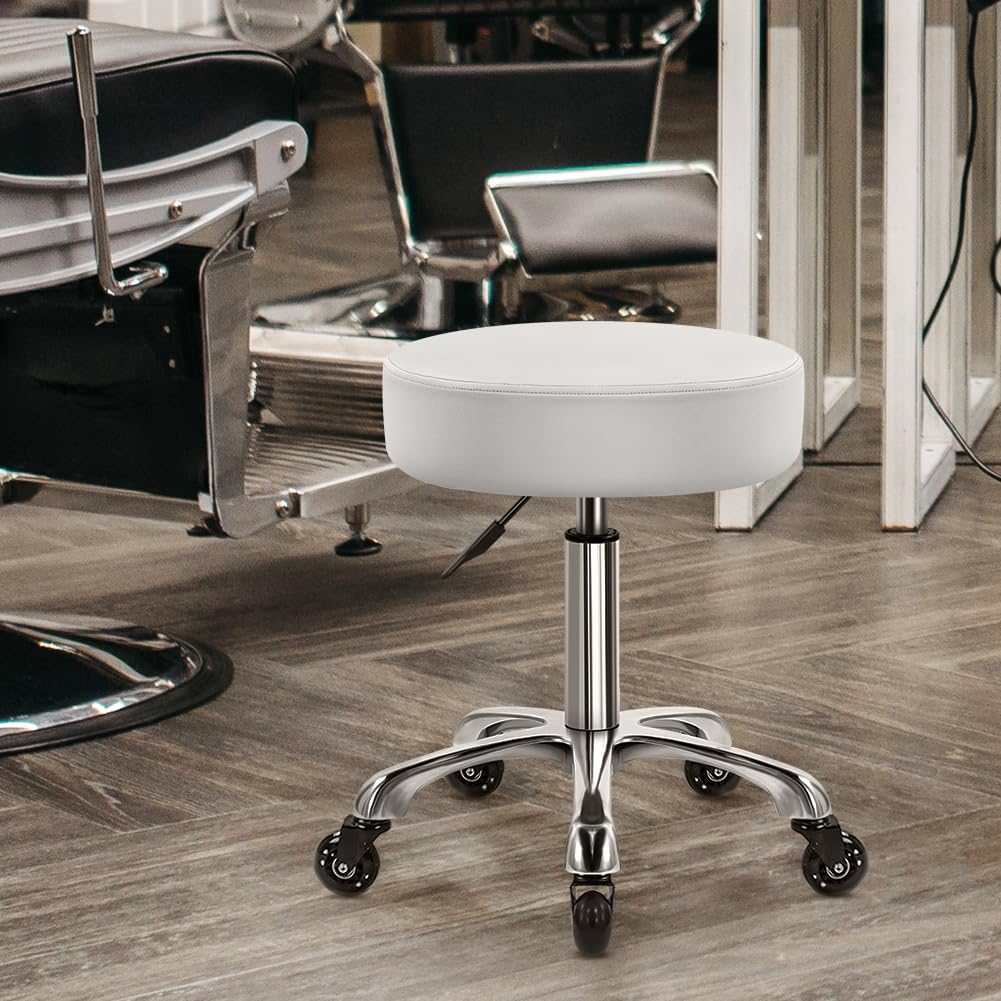 Heavy Duty Hydraulic Adjustable Rolling Stool with Wheels - Ergonomic Leather Swivel Chair for Kitchen, Office, Salon & Lab - White | Perfect for Hairdressers, Chefs & Tattoo Artists