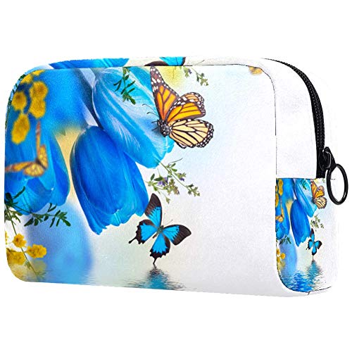 Blue Tulips with Mimosa Printed Portable Makeup Bag for Women - Waterproof Travel Cosmetic Organizer (Perfect for Travel, Gym & Daily Use)
