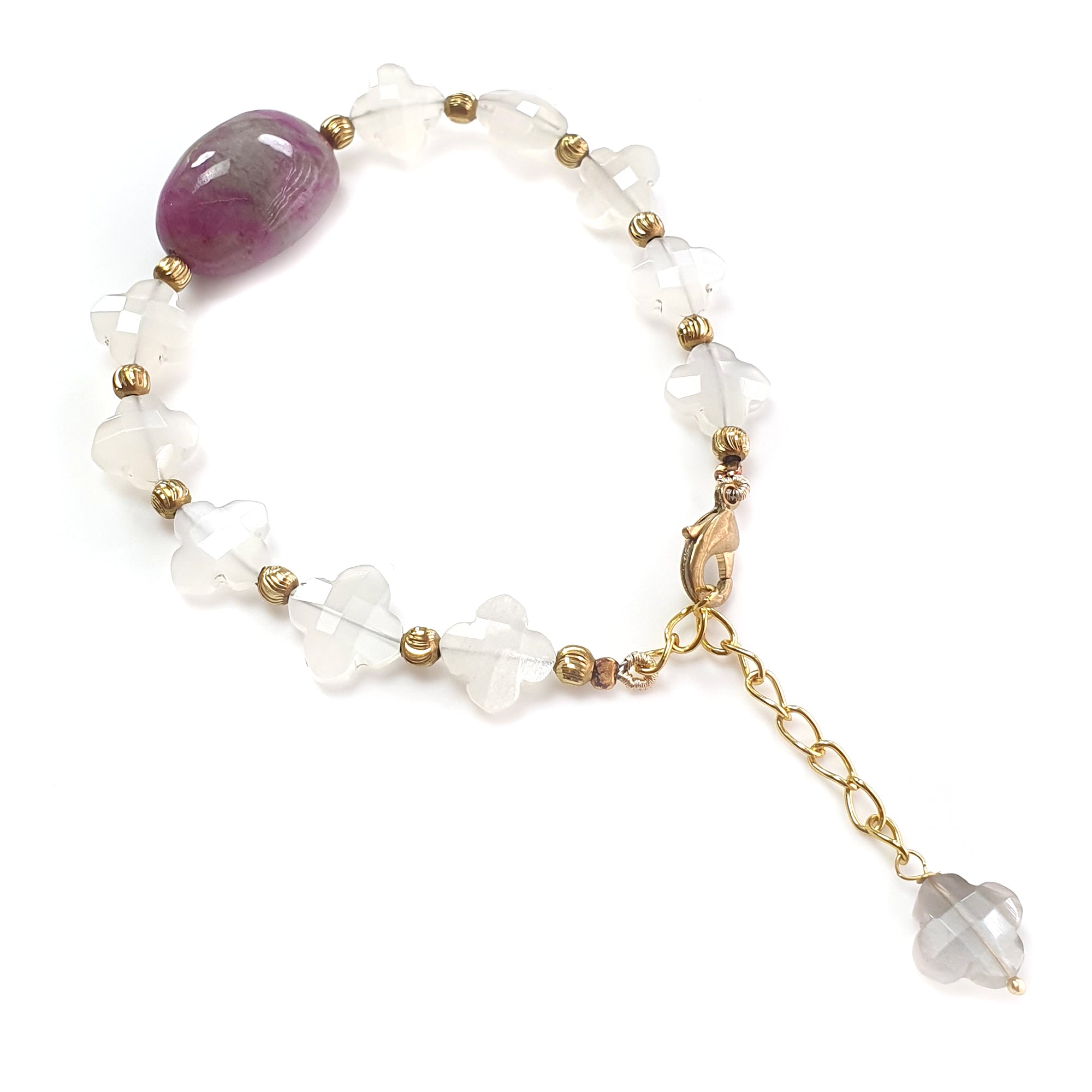Natural Gray Moonstone Beads Bracelet with 71.10cts Zoisite Ruby - Faceted Checker Cut Brass Jewelry (9mm, 22x15mm) for Women's Fashion, Boho Style & Spiritual Healing