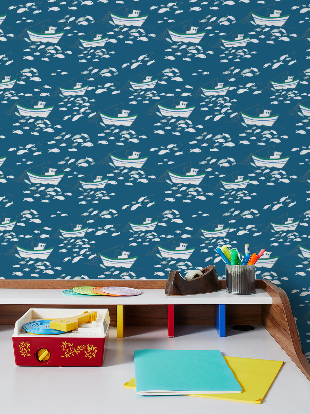 Premium Fishing Boats Wallpaper - Cadet Blue by Tea Collection | Nautical Theme for Living Room, Bedroom & Office Decor