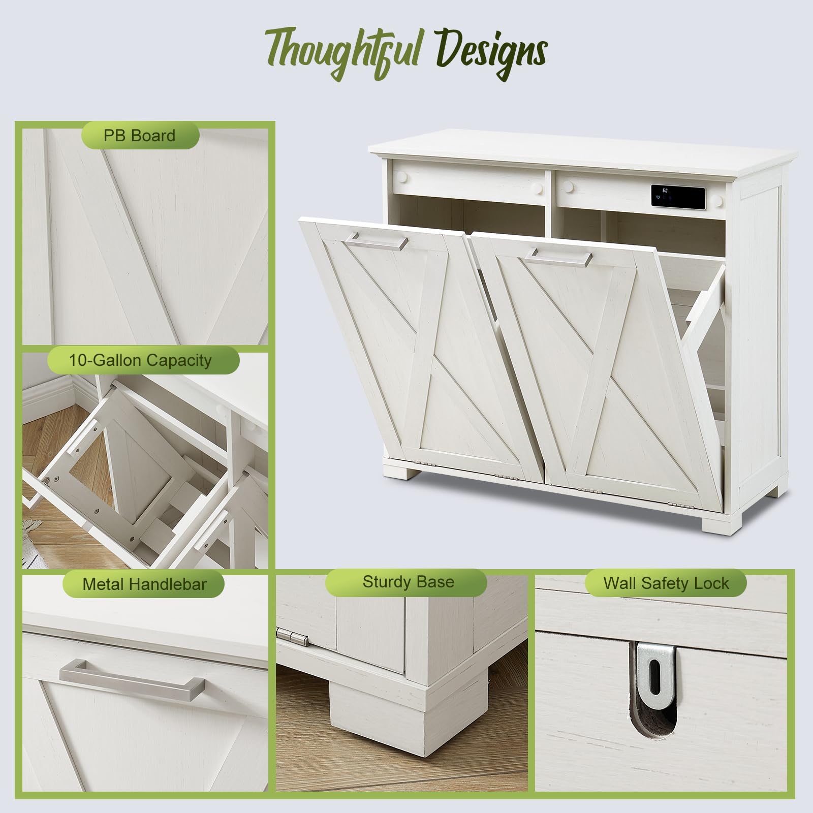 20-Gallon Tilt-Out Trash Can Cabinet with Odor Control | Pull-Out Recycling Bin Storage for Kitchen, Bedroom & Laundry | White Wooden Top Organizer | Perfect for Small Spaces & Waste Management