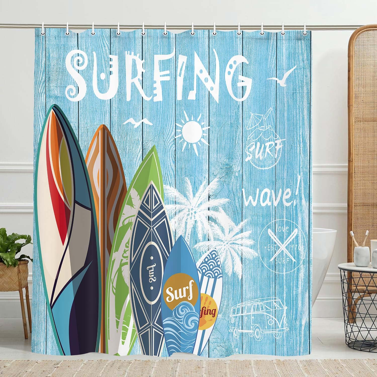 JAWO Beach Shower Curtain - Tropical Surfboard & Palm Tree Design on Teal Blue Rustic Wooden Plank Fabric Bathroom Decor - 69x70 Inches with Hooks - Perfect for Coastal, Nautical & Beach-Themed Bathrooms