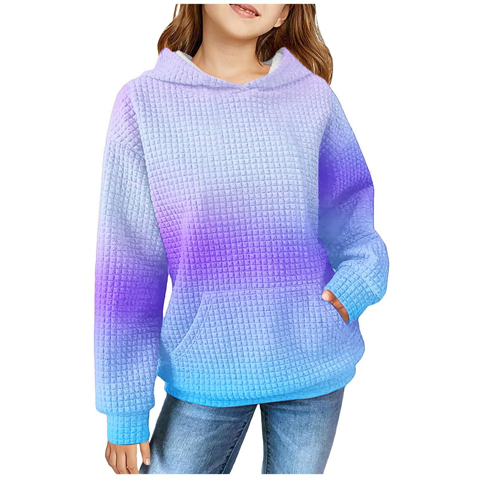 RKSTN Kids Fashion Hooded Sweatshirt - Cute Waffle Hoodies with Pockets, Gradient Solid Color Long Sleeve Tops for Boys & Girls - Perfect for School, Playdates & Outdoor Activities