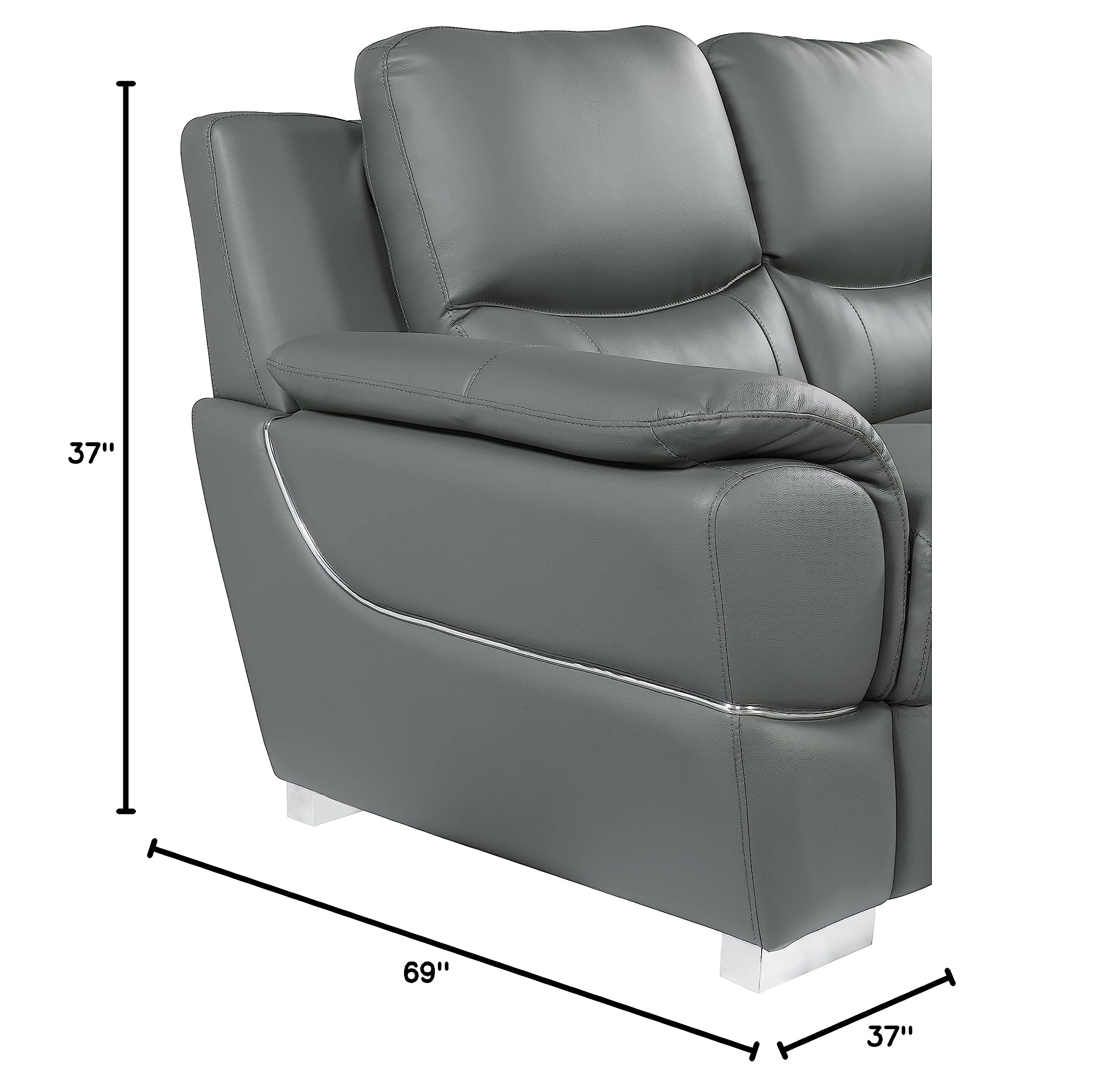 Binion Modern Genuine Leather Loveseat - 1-Piece Upholstered Sofa with Padded Headrest, Wide Arms & Chrome Accents for Living Room - Elegant Gray Leather Couch for Small Spaces, Apartments & Cozy Home Decor