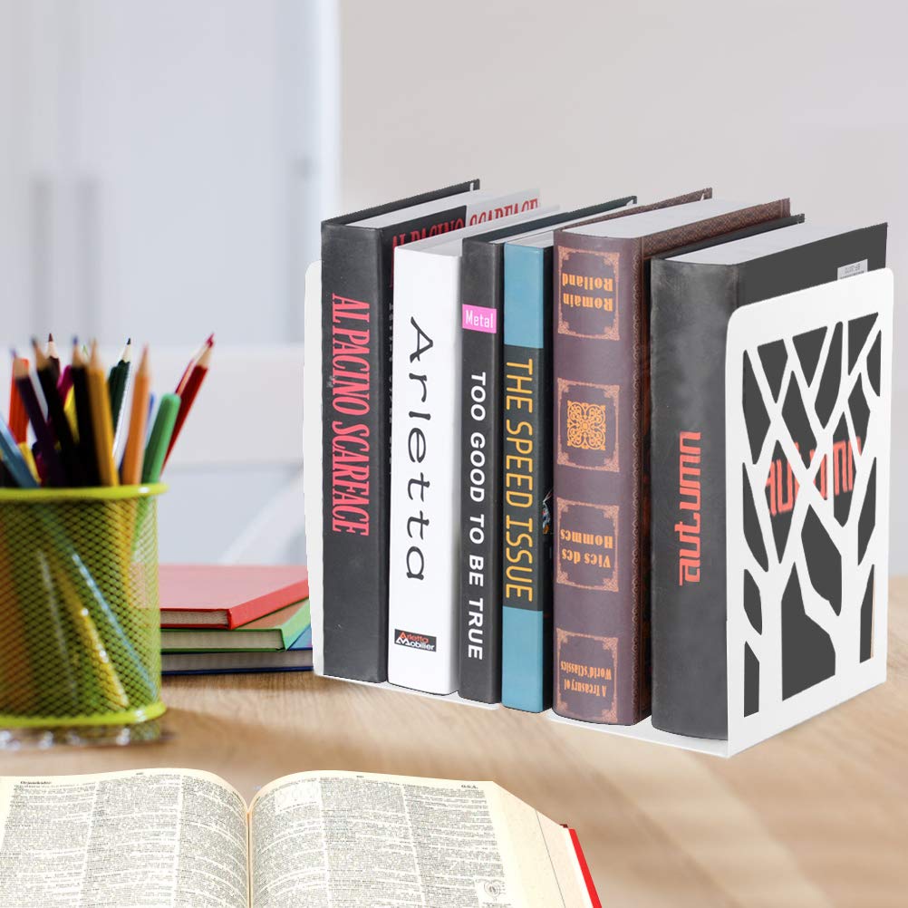 Metal Bookends for Heavy Books - Decorative White Book Shelf Holders (1 Pair) - Perfect for Home, Office & Library Organization