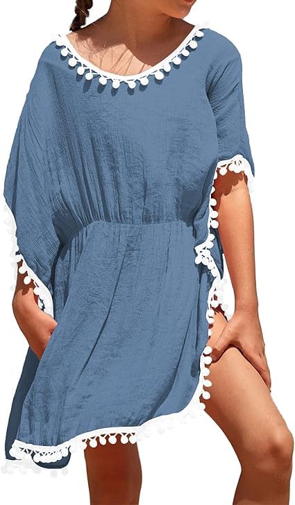 Eurivicy Girls' Swim Cover Up - Cute Kids Summer Beach Dress with Pom Pom Trim | UV Protection Swimwear Wrap for Pool, Beach & Vacation