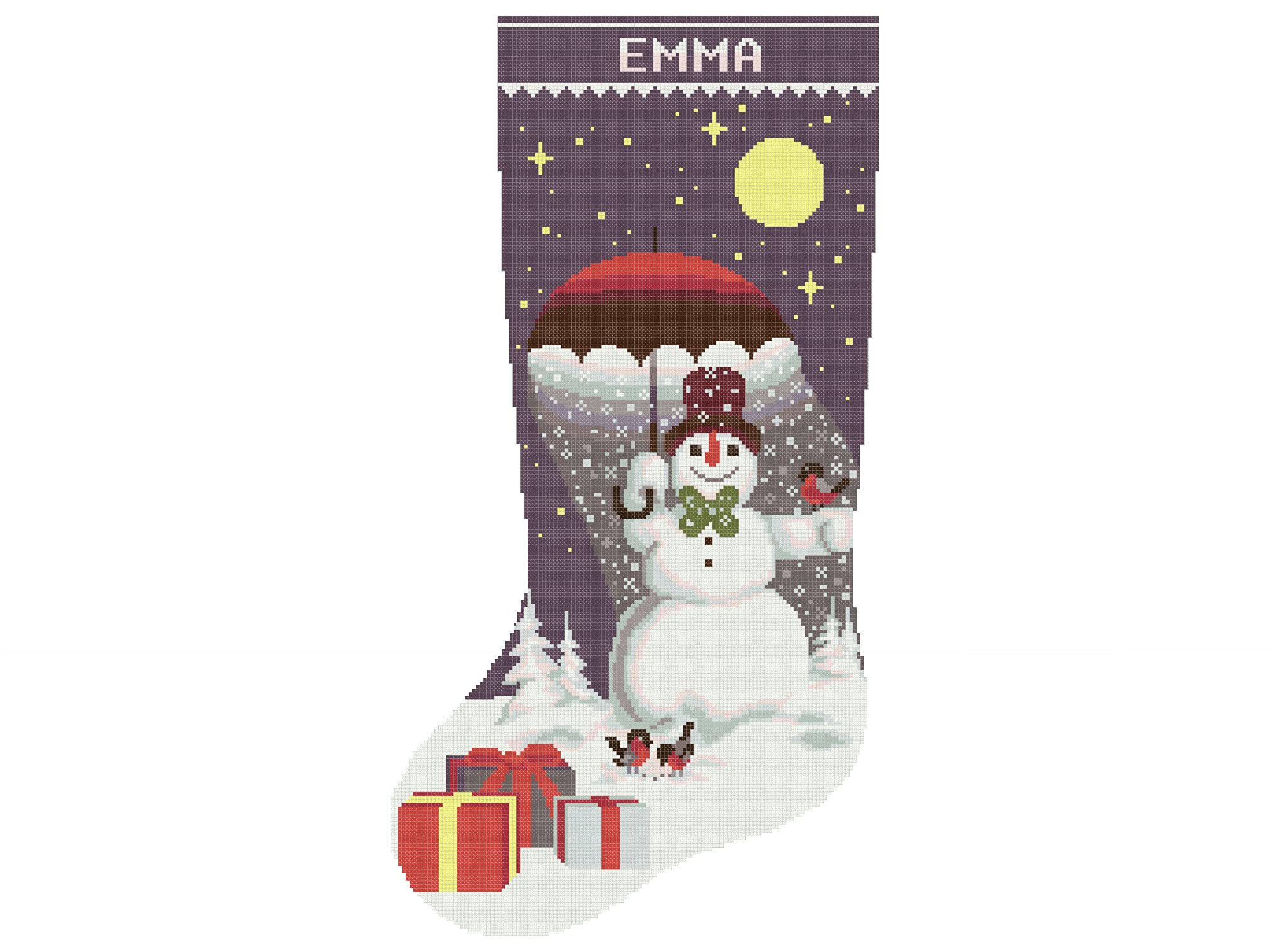 Easy Modern Cross Stitch Pattern PDF - Christmas Stocking with Cute Snowman, Moon & Stars | Holiday DIY Ornaments & Personalized Emma Stocking (Materials Not Included) | Perfect for Holiday Decorations, Handmade Gifts & Festive Home Crafting