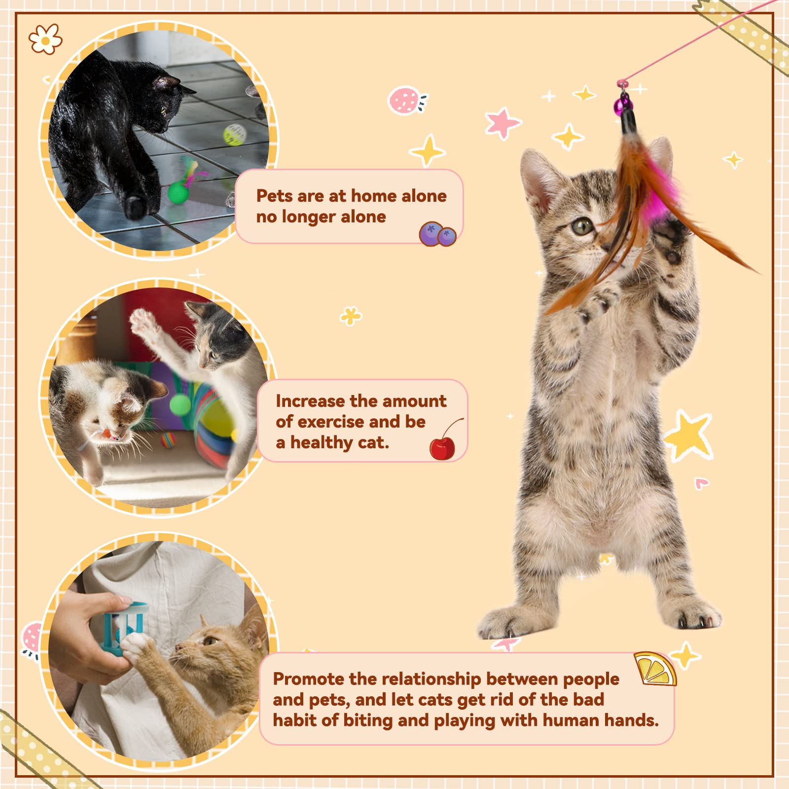 BWOGUE 22PCS Cat Toys Set - Interactive Kitten Toys with Collapsible 3-Way Tunnel, Feather Wands, Fluffy Mice & Crinkle Balls - Fun Indoor Play for Cats, Kittens & Small Pets (Great for Exercise & Bonding)