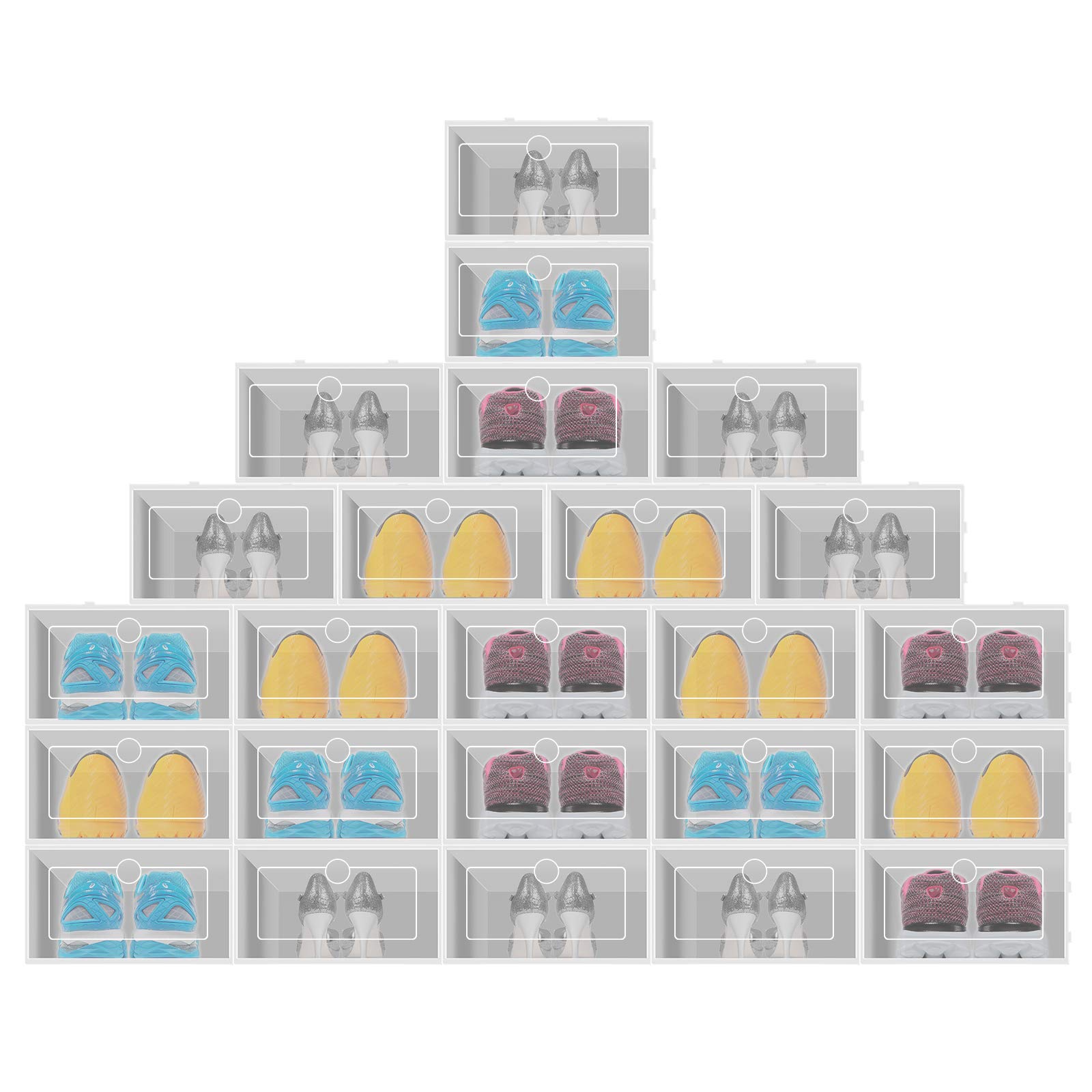 SHNORM Clear Shoe Storage Box - Foldable Large Shoe Organizer Cabinet, Easy to Assemble Stackable Shoe Box with Lid for Men & Women (24-Piece Set, White) | Perfect for Closet Organization, Sneaker Display & Home Storage Solutions