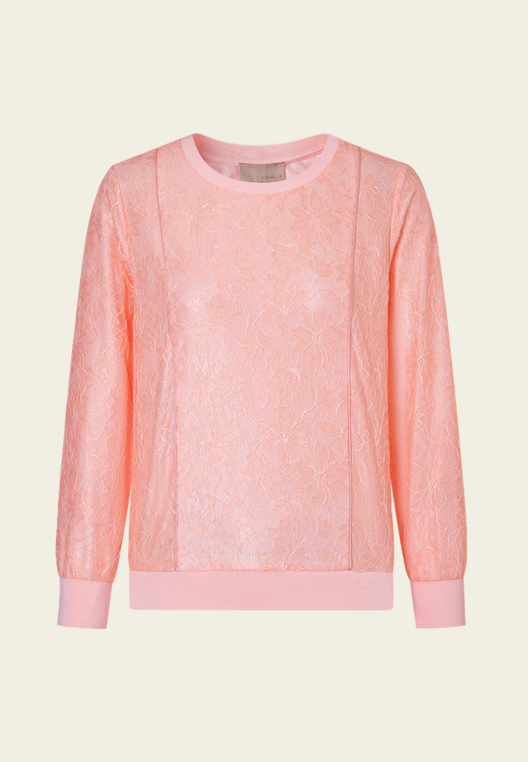 Stylish Pressed Crease Ribbed Hem Lace Sweatshirt - Women's Fashion Top for Casual Wear & Date Nights