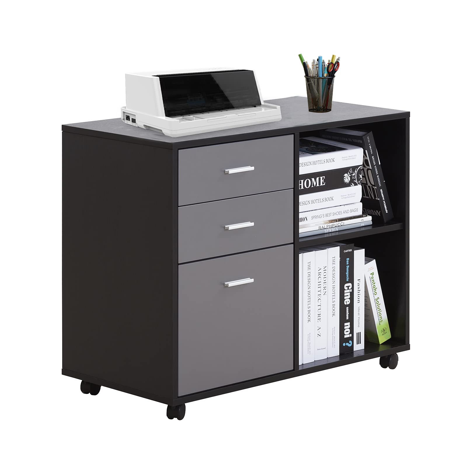 3-Drawer Wooden Mobile Lateral File Cabinet with Open Storage Shelves - Printer & Scanner Stand for Home Office - Black - Perfect for Organizing Documents & Office Supplies in Small Spaces